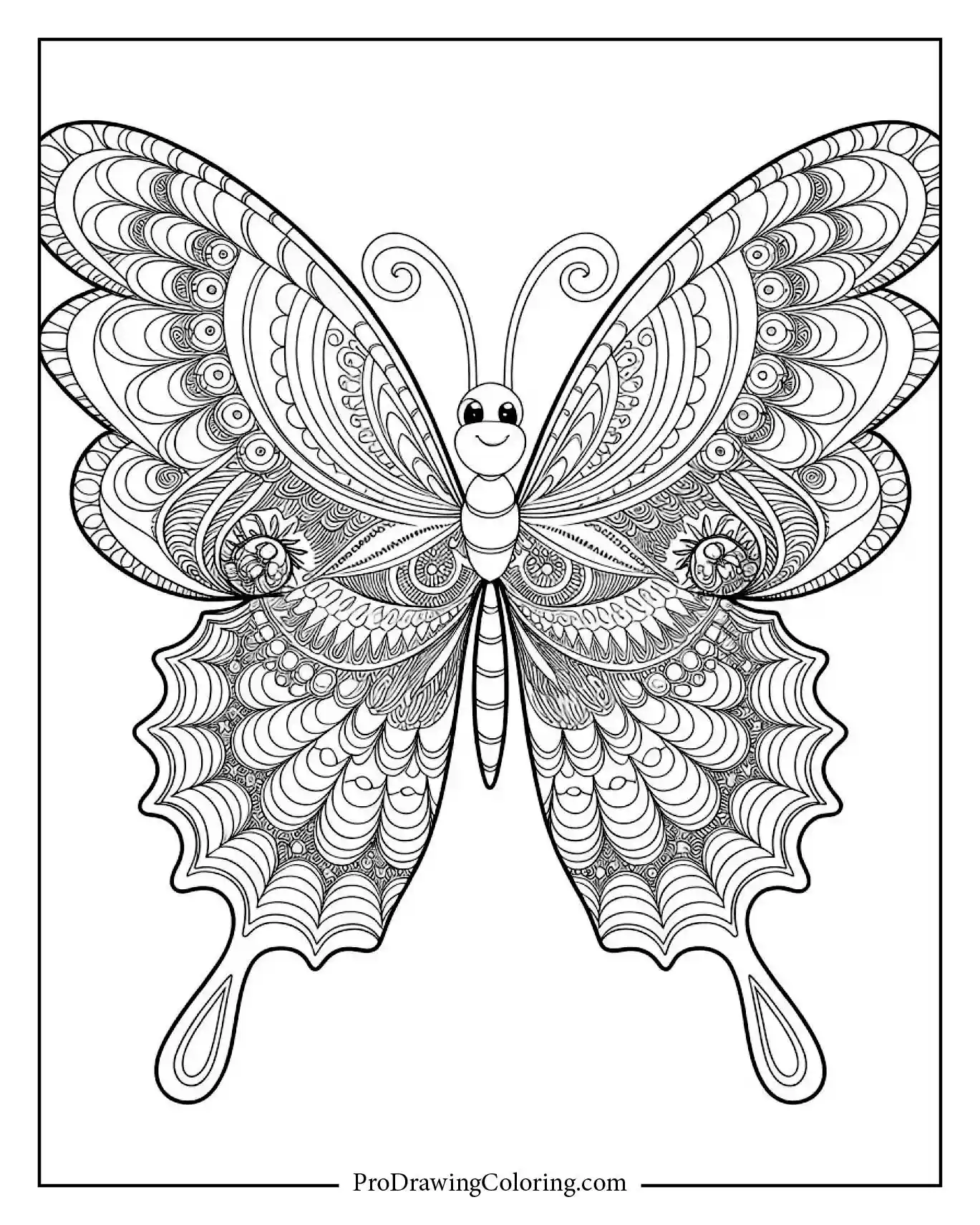 Highly detailed butterfly design full of decorative shapes and mandala-style patterns, ideal for advanced coloring.