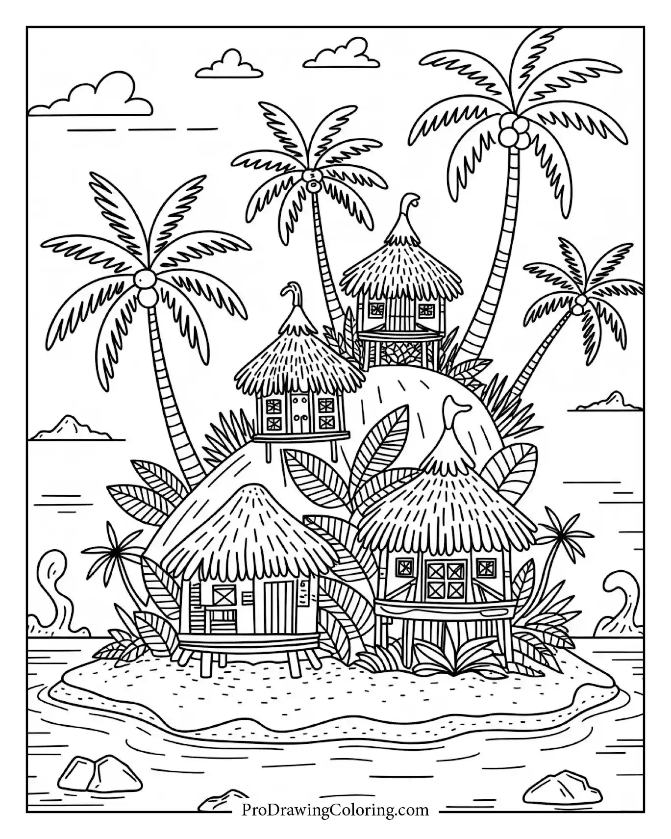 Beach coloring pages – detailed island huts with plants