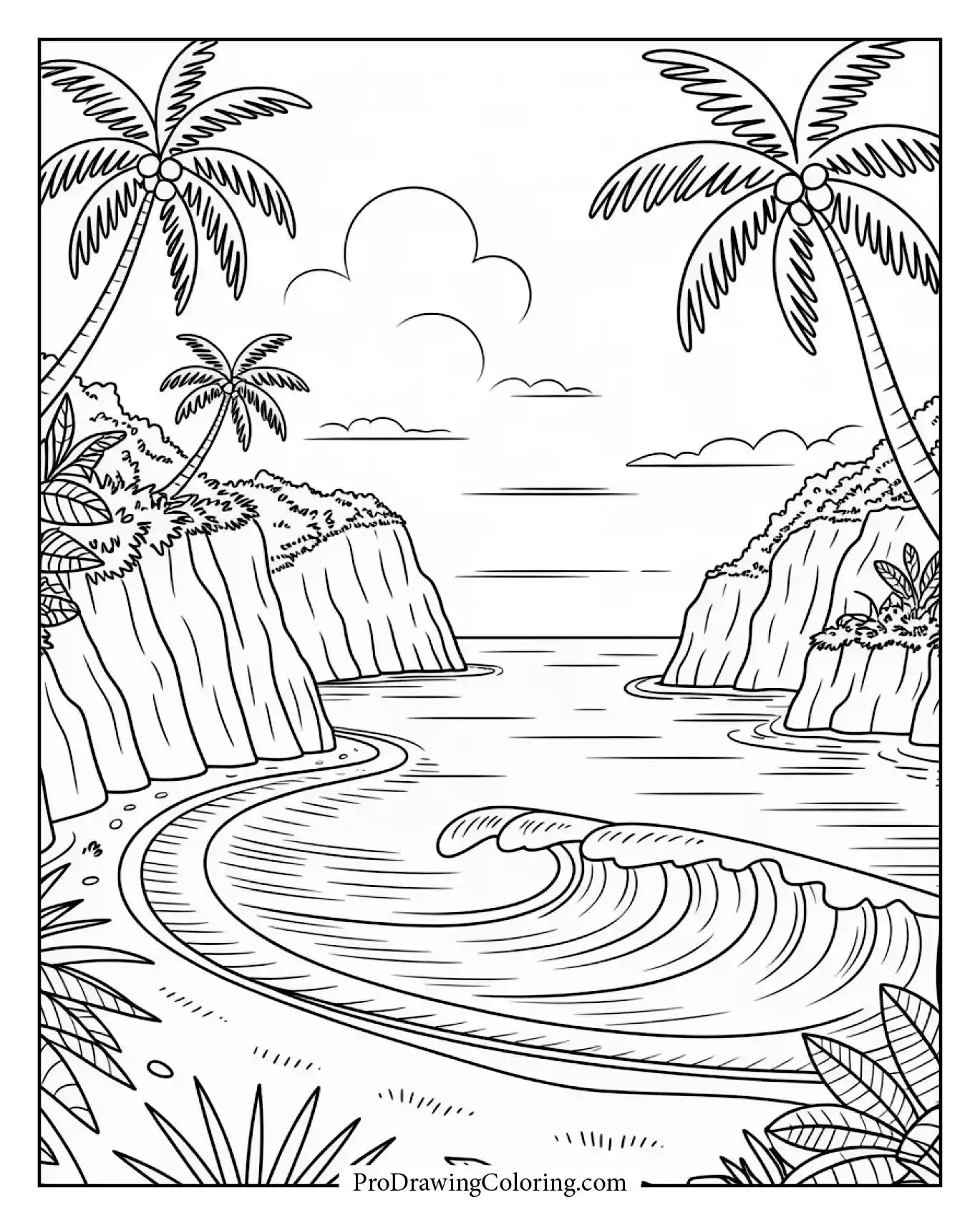 Beach coloring pages – detailed tropical bay with cliffs