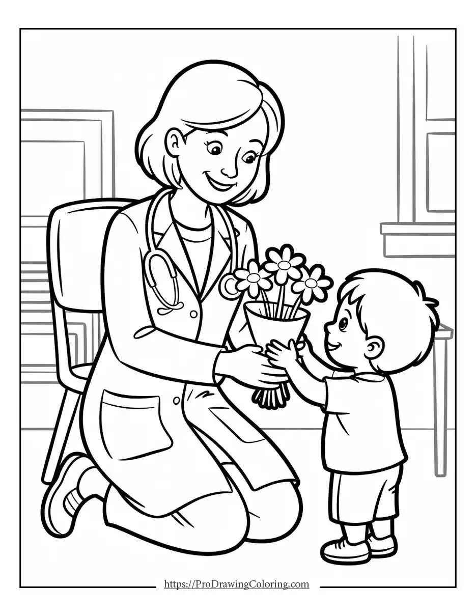Young child giving flowers to doctor mom, meaningful Mothers Day illustration