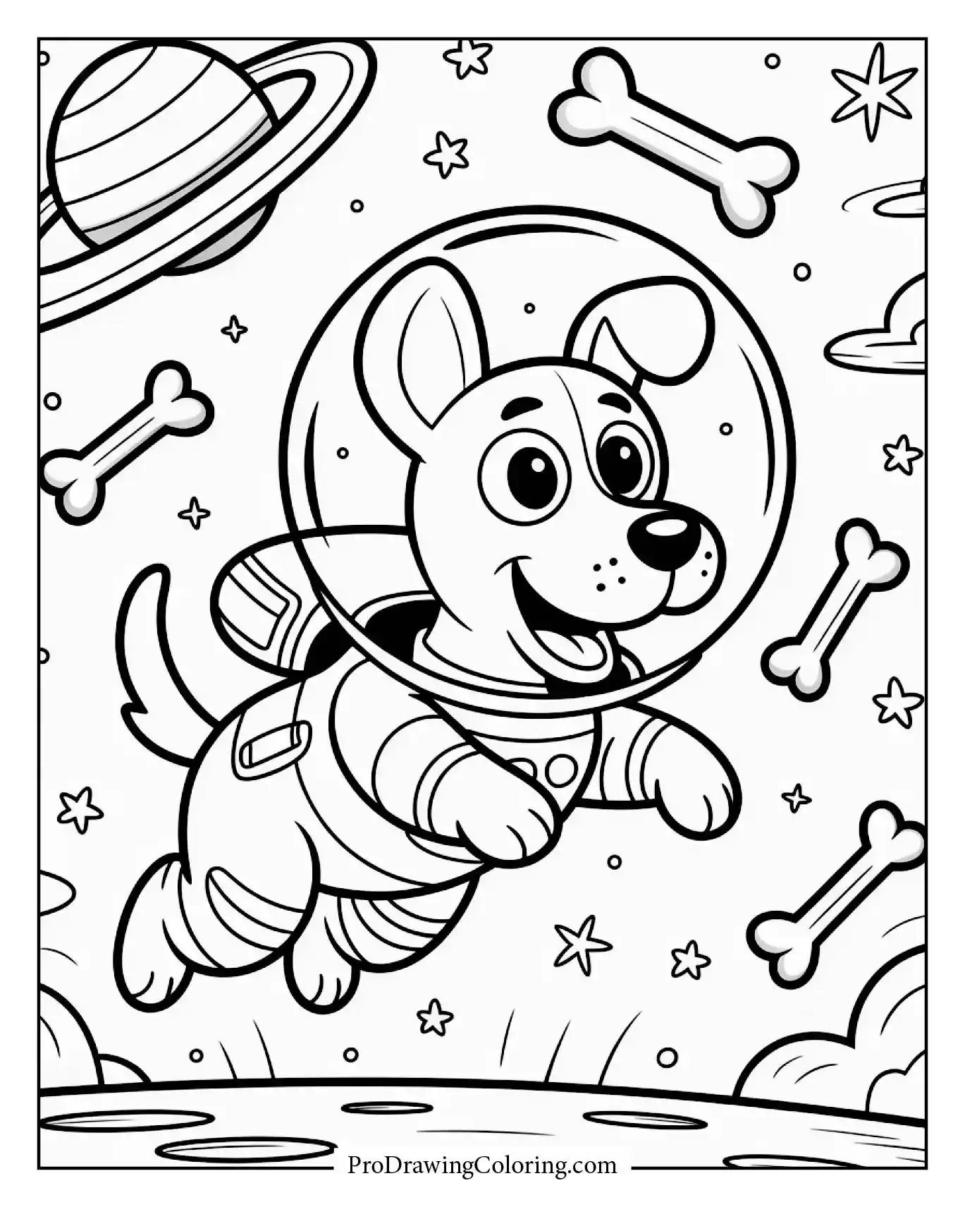 Playful dog astronaut chasing bones in zero gravity.
