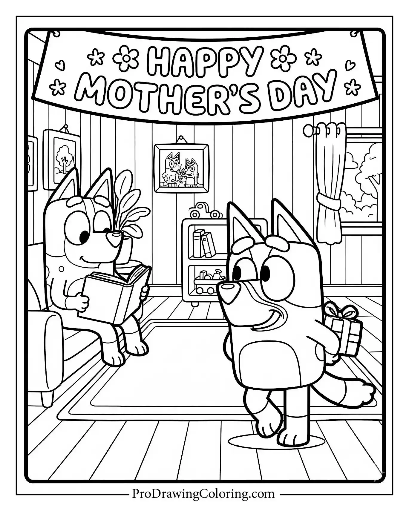 Mother dog reading on the sofa while her child brings a wrapped gift. A heartwarming mother and daughter coloring page to share.