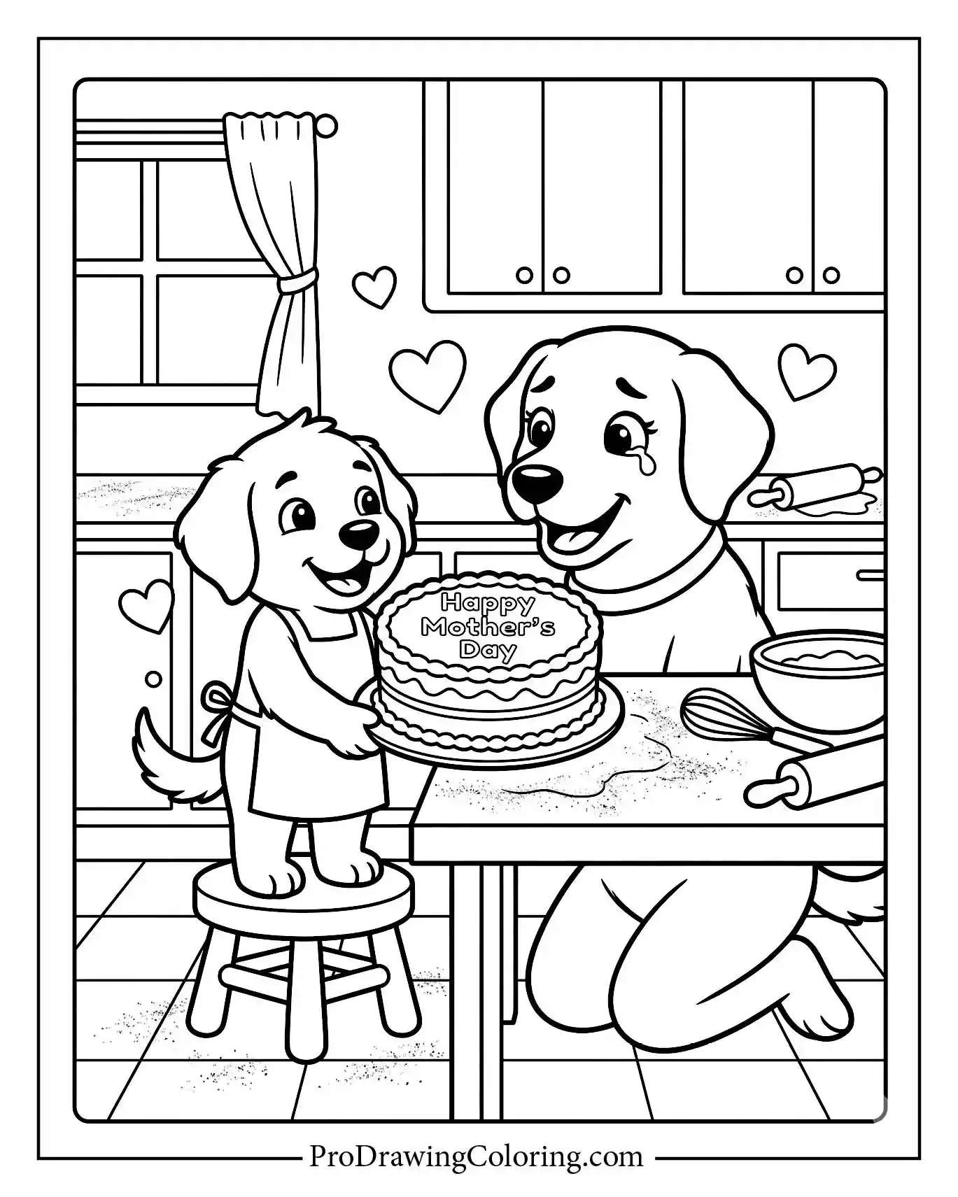 Happy dog mother and her little puppy baking a special sweet cake together. An adorable cute mom and baby coloring sheet.