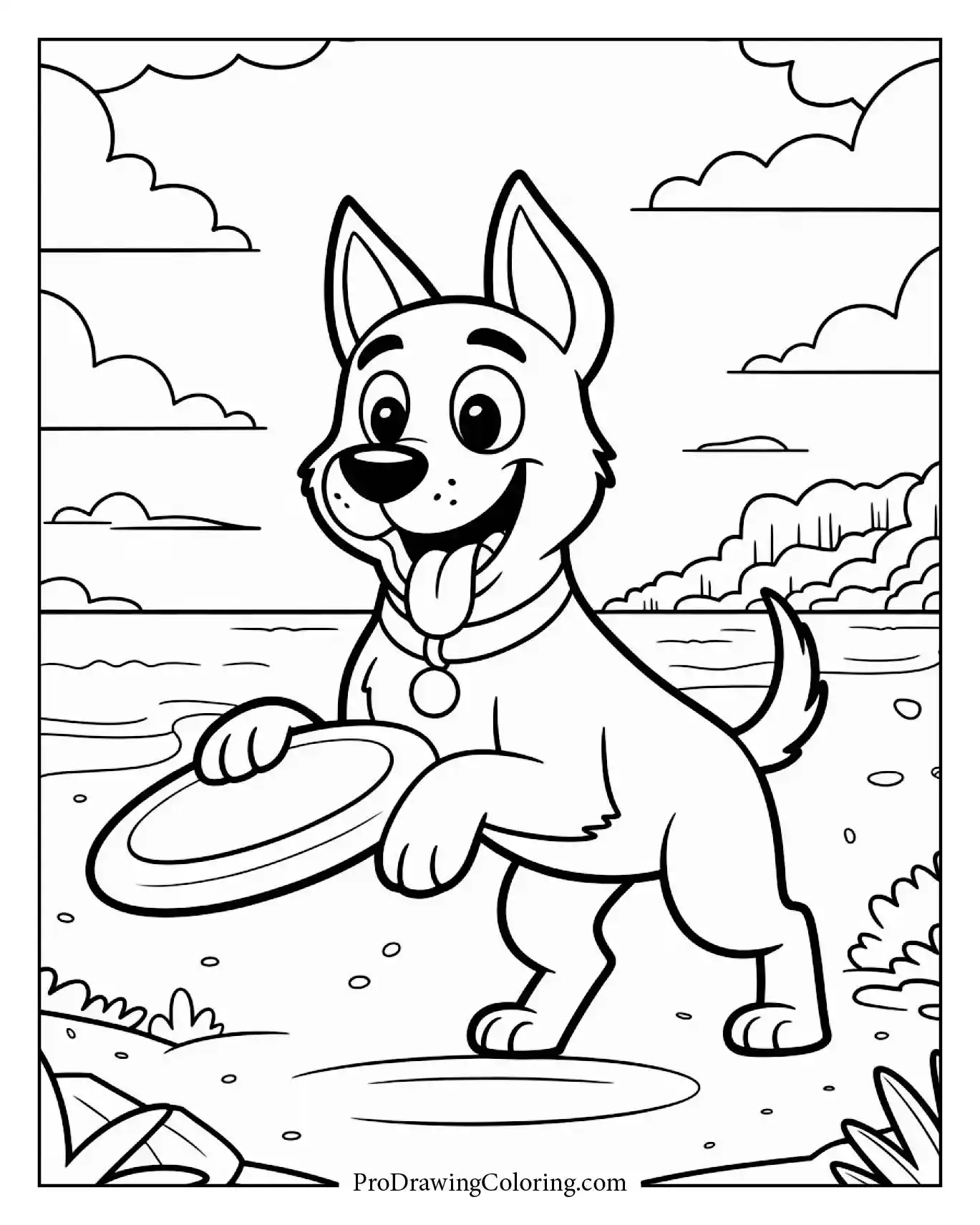 Beach coloring pages – dog playing frisbee on the beach