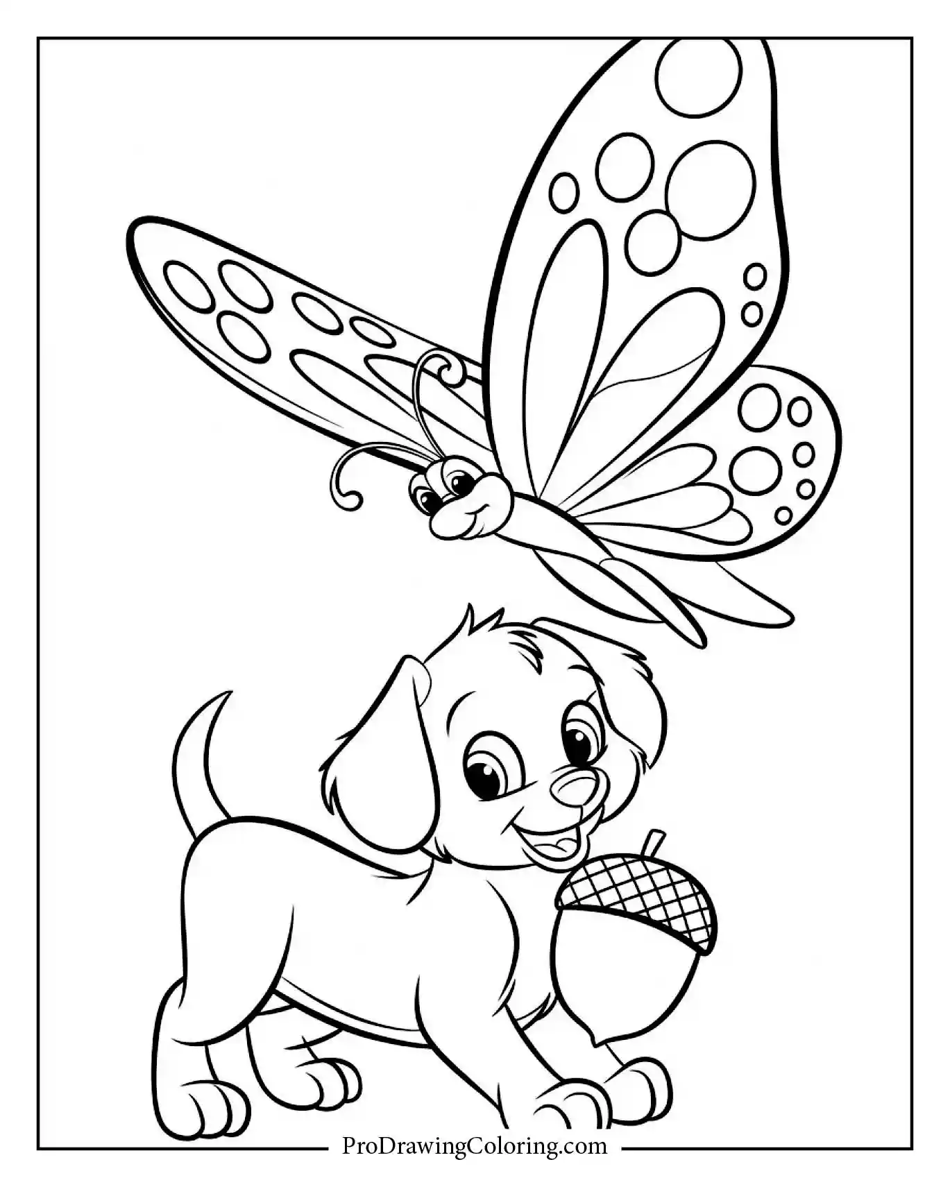 Happy puppy holding an acorn with a flying butterfly scene, printable coloring.