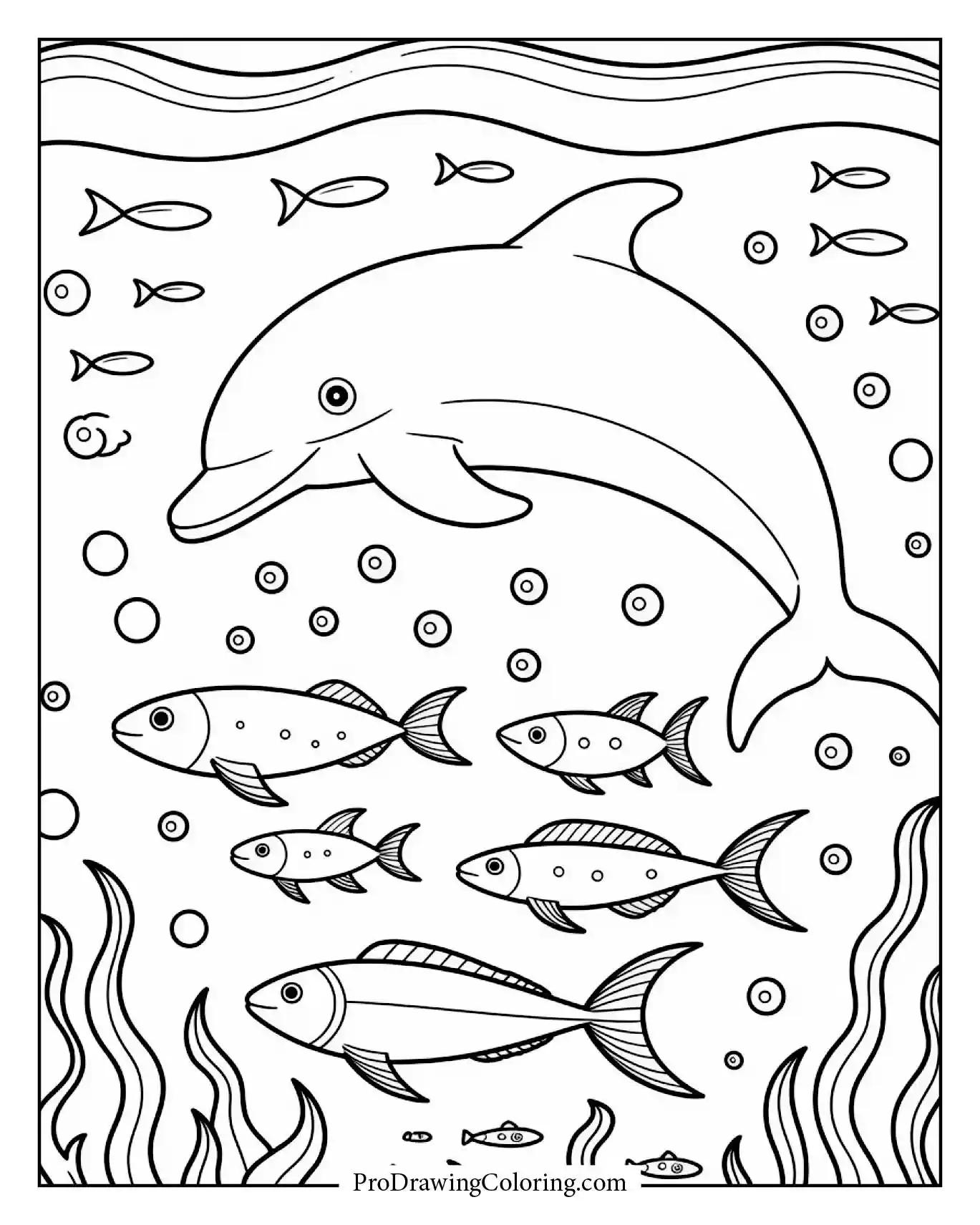 Dolphin and fish swimming together under waves