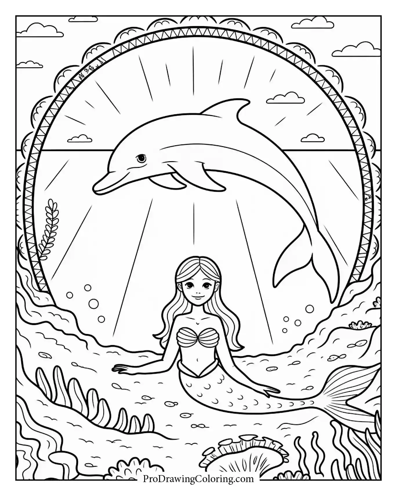 Enchanting dolphin and mermaid under ocean arch, relaxing printable dolphin coloring sheet.
