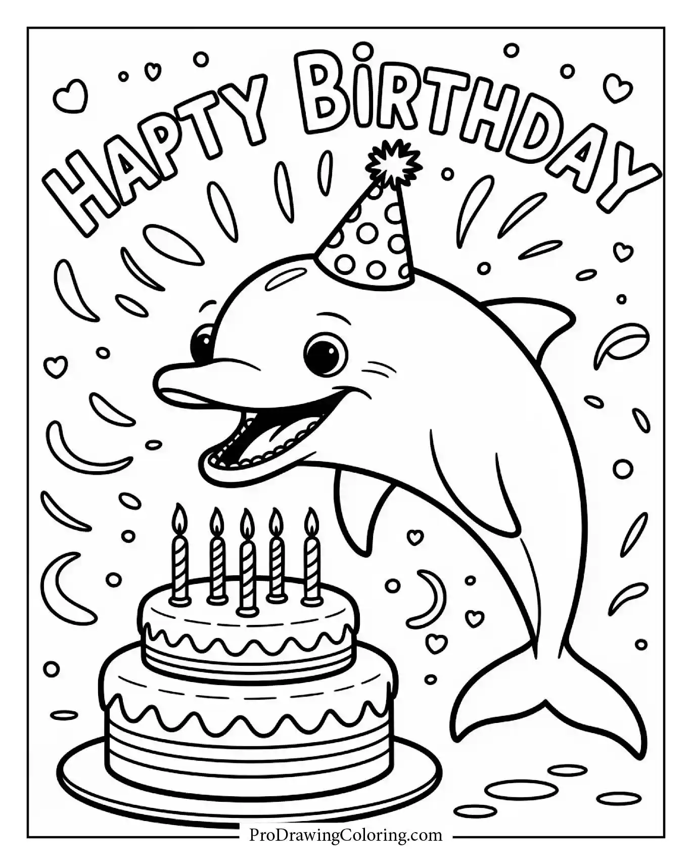 Happy dolphin celebrating birthday underwater, cheerful printable coloring page.