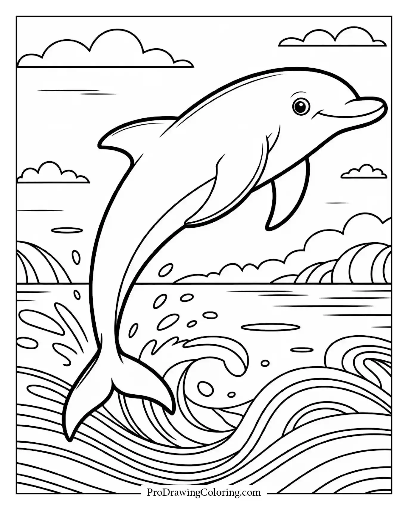 Cute dolphin jumping over simple waves in cartoon style for kids