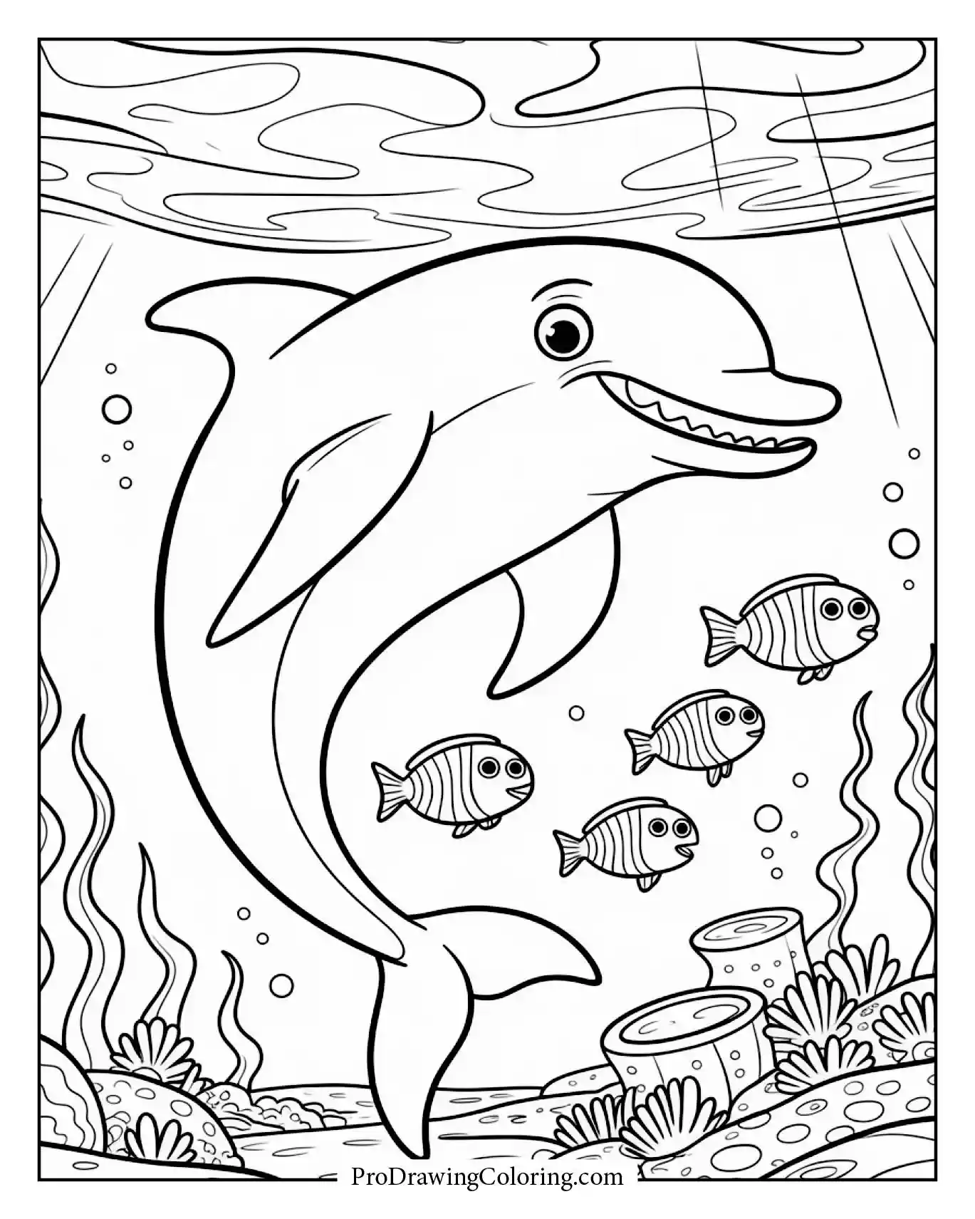Graceful dolphin dancing playfully among tropical fish,