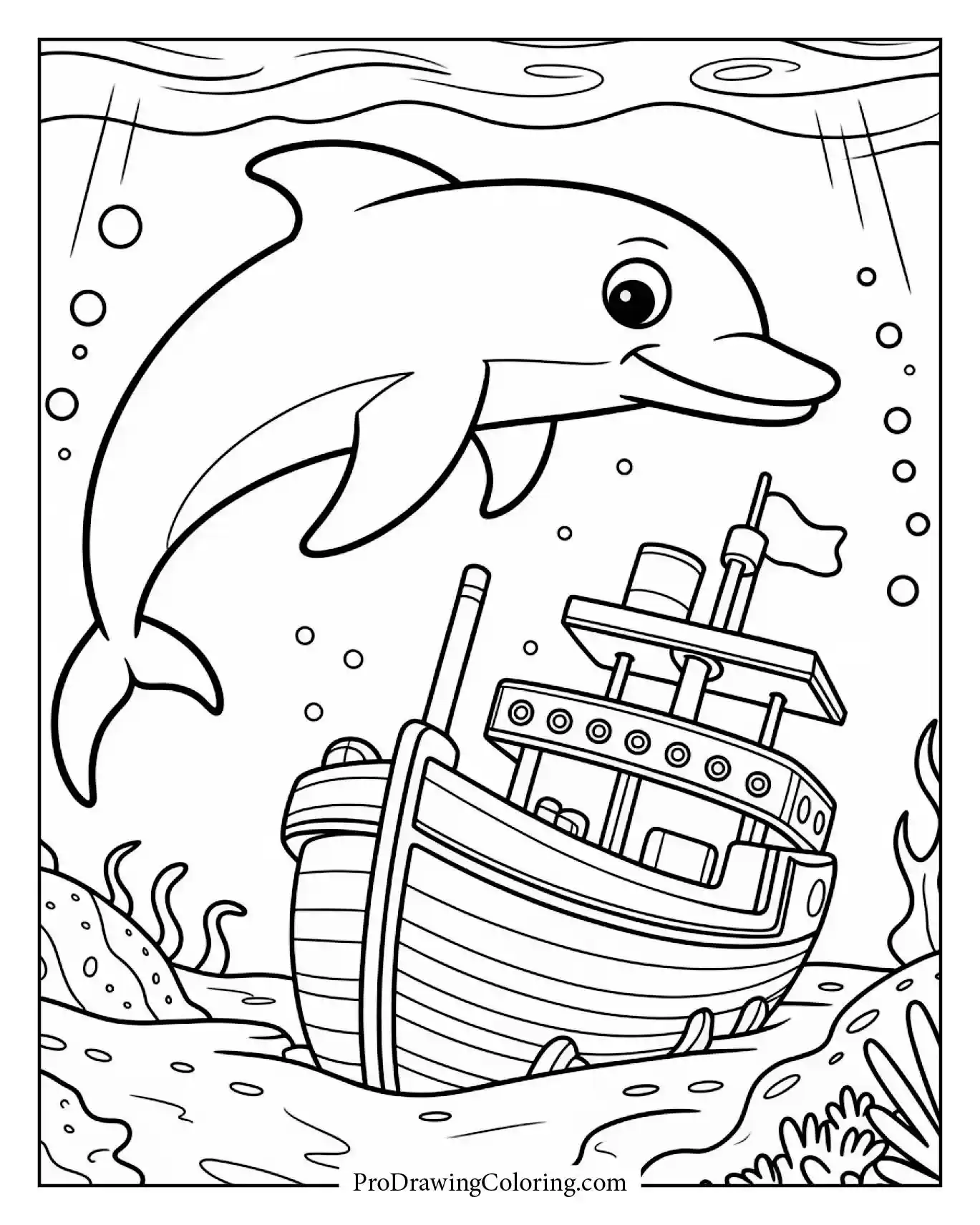 Curious dolphin exploring ancient shipwreck, creative printable coloring page.