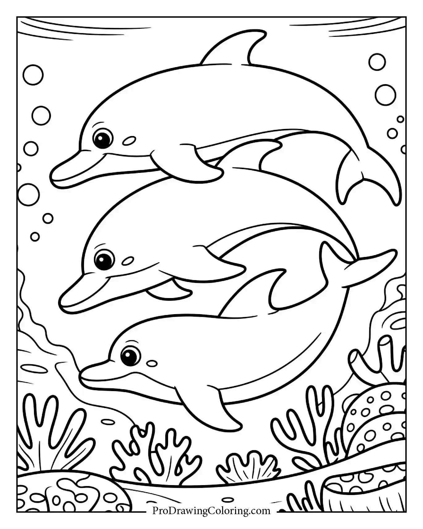 Lovely dolphin family swimming peacefully under the sea, relaxing dolphin coloring page.