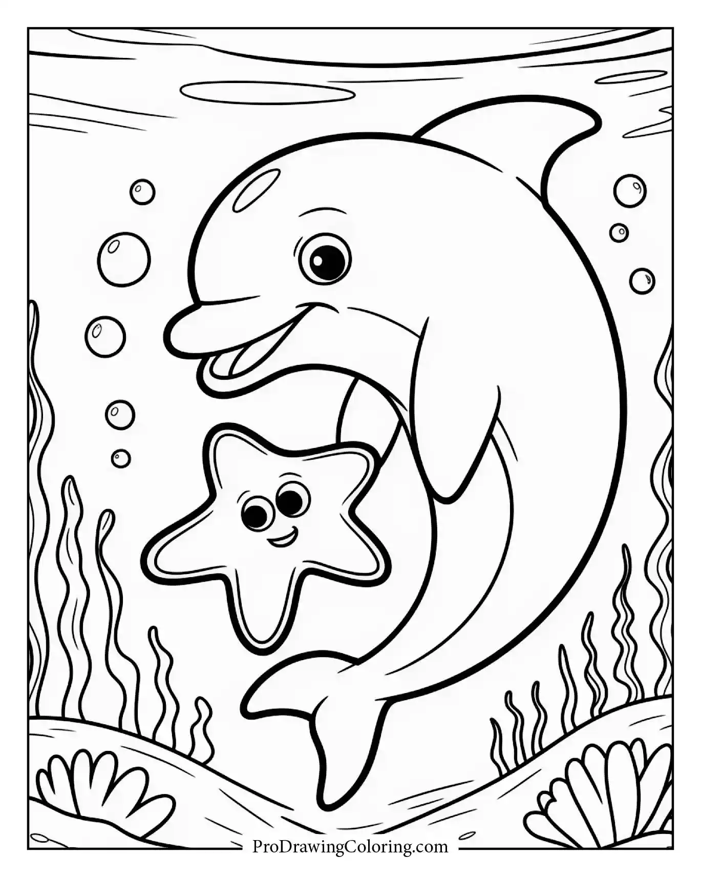 Cute dolphin hugging starfish with bubbles around, adorable printable coloring page.