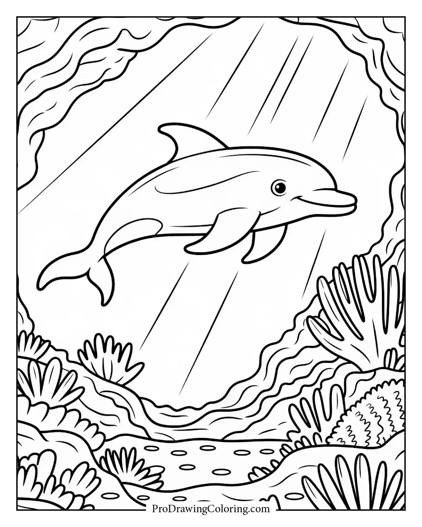 Mysterious dolphin exploring coral cave, relaxing coloring page for adults.