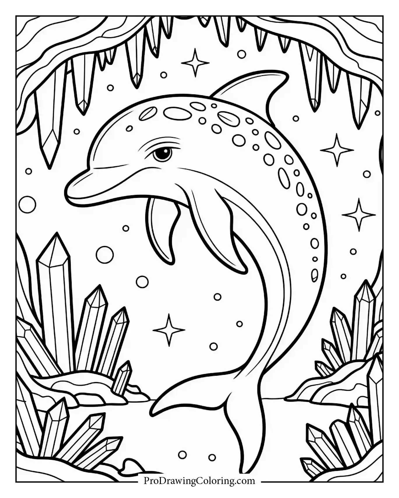 Magical dolphin in cave with glowing crystals, fantasy printable coloring page.