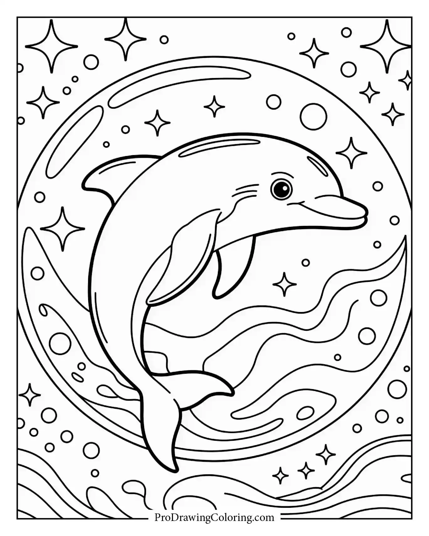 Creative dolphin inside fantasy bubble world, imaginative printable dolphin coloring page.
