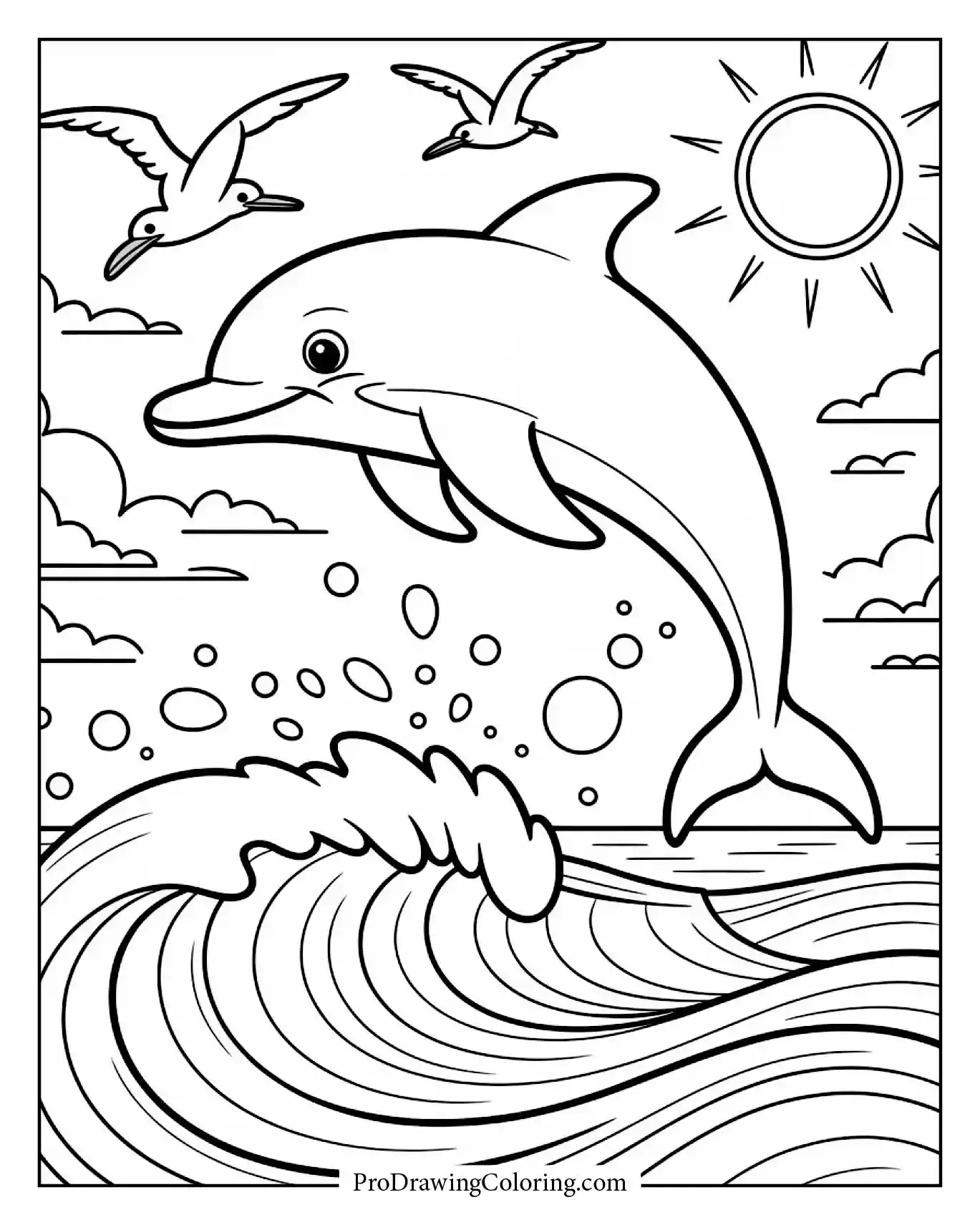 Playful dolphin leaping over waves under sunshine, a fun printable dolphin coloring page for kids and adults.