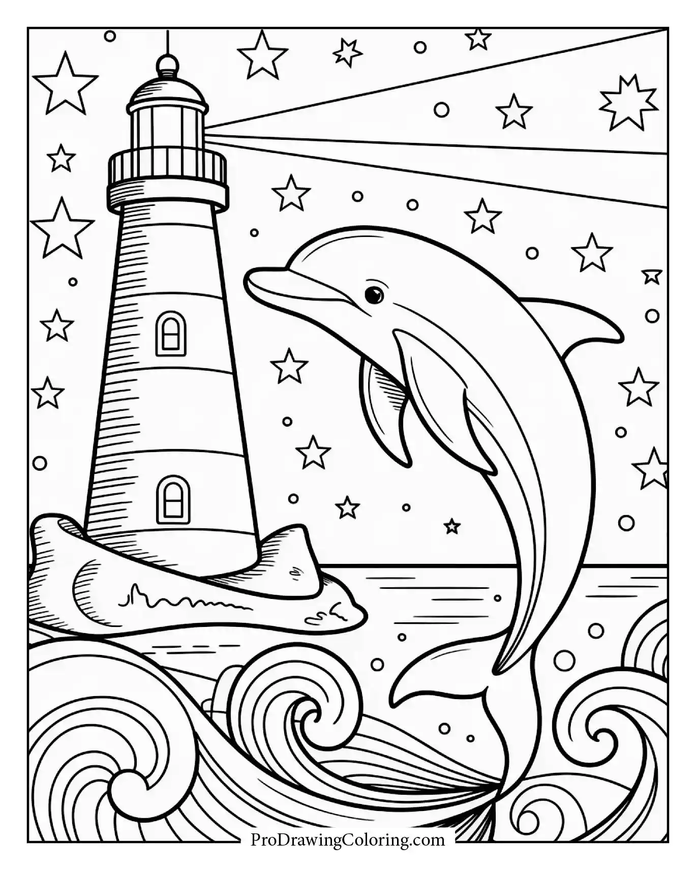 Serene dolphin near lighthouse under stars, a peaceful printable dolphin coloring page.