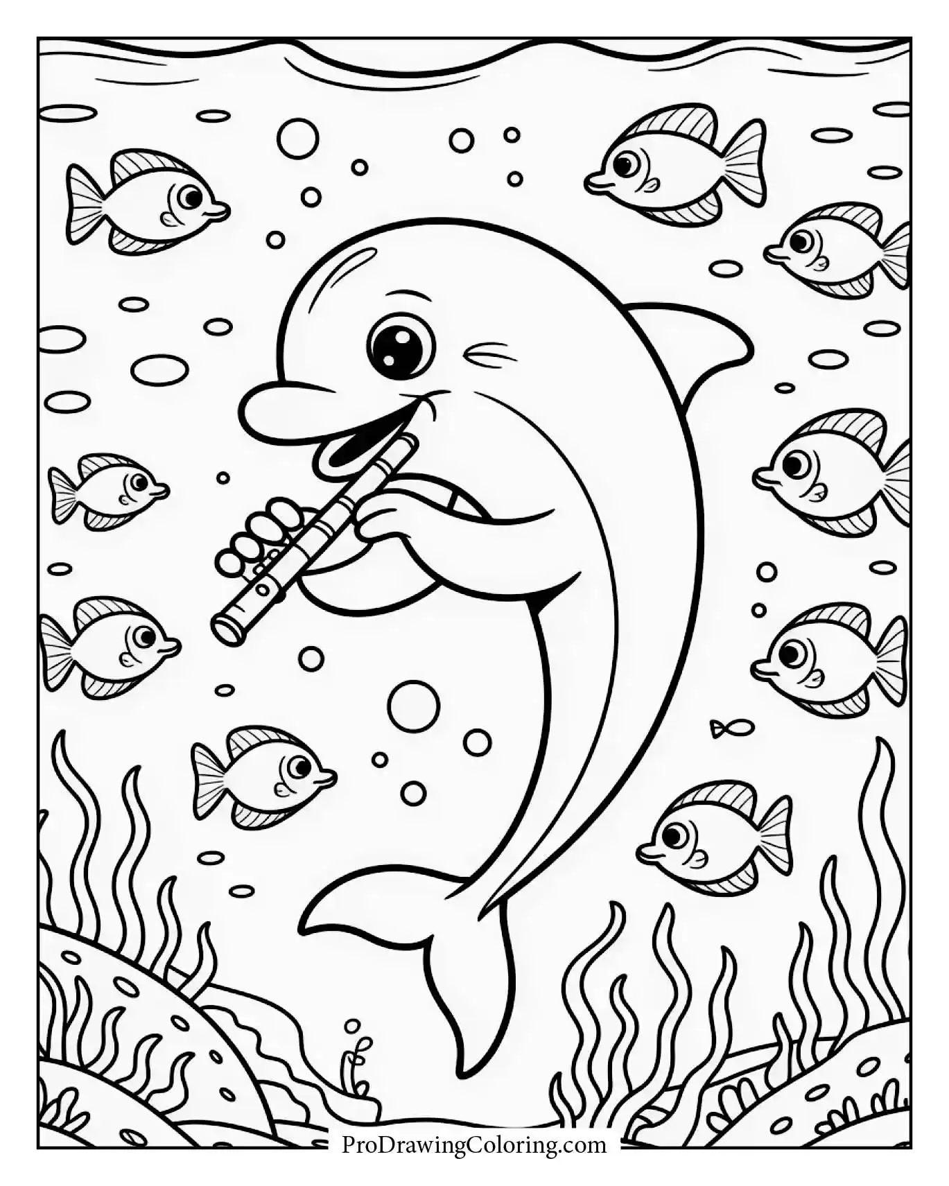 Musical dolphin playing flute underwater, creative coloring sheet for kids.