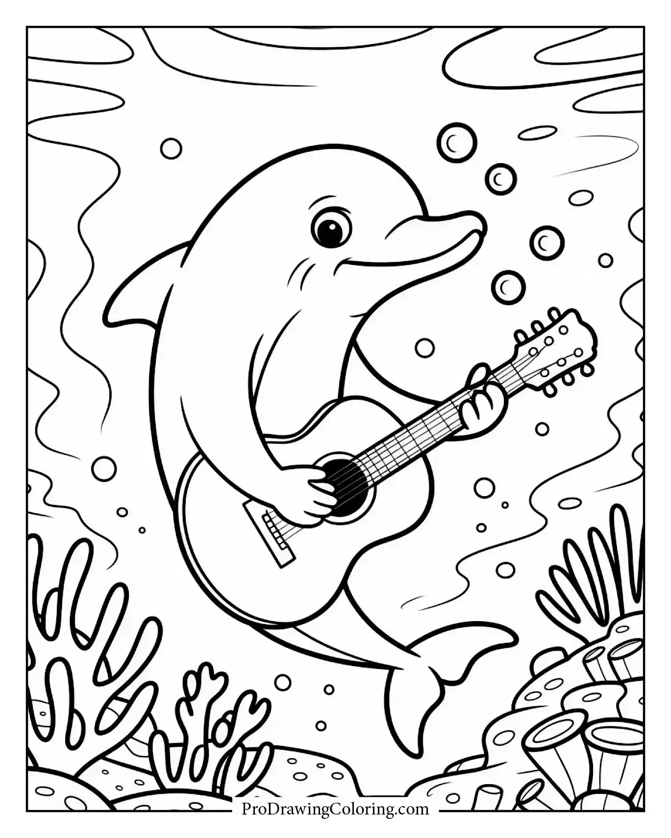 Musical dolphin playing guitar under the sea, creative printable coloring page.