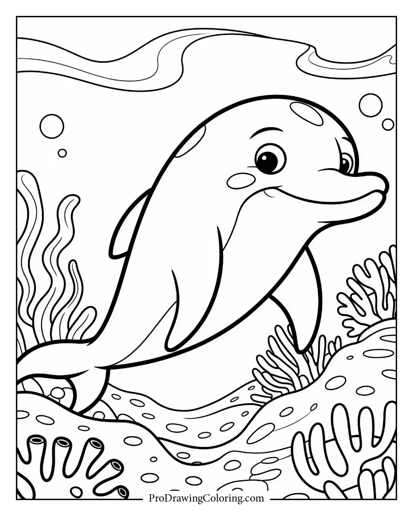 Calm dolphin floating near coral reef, relaxing dolphin coloring sheet.