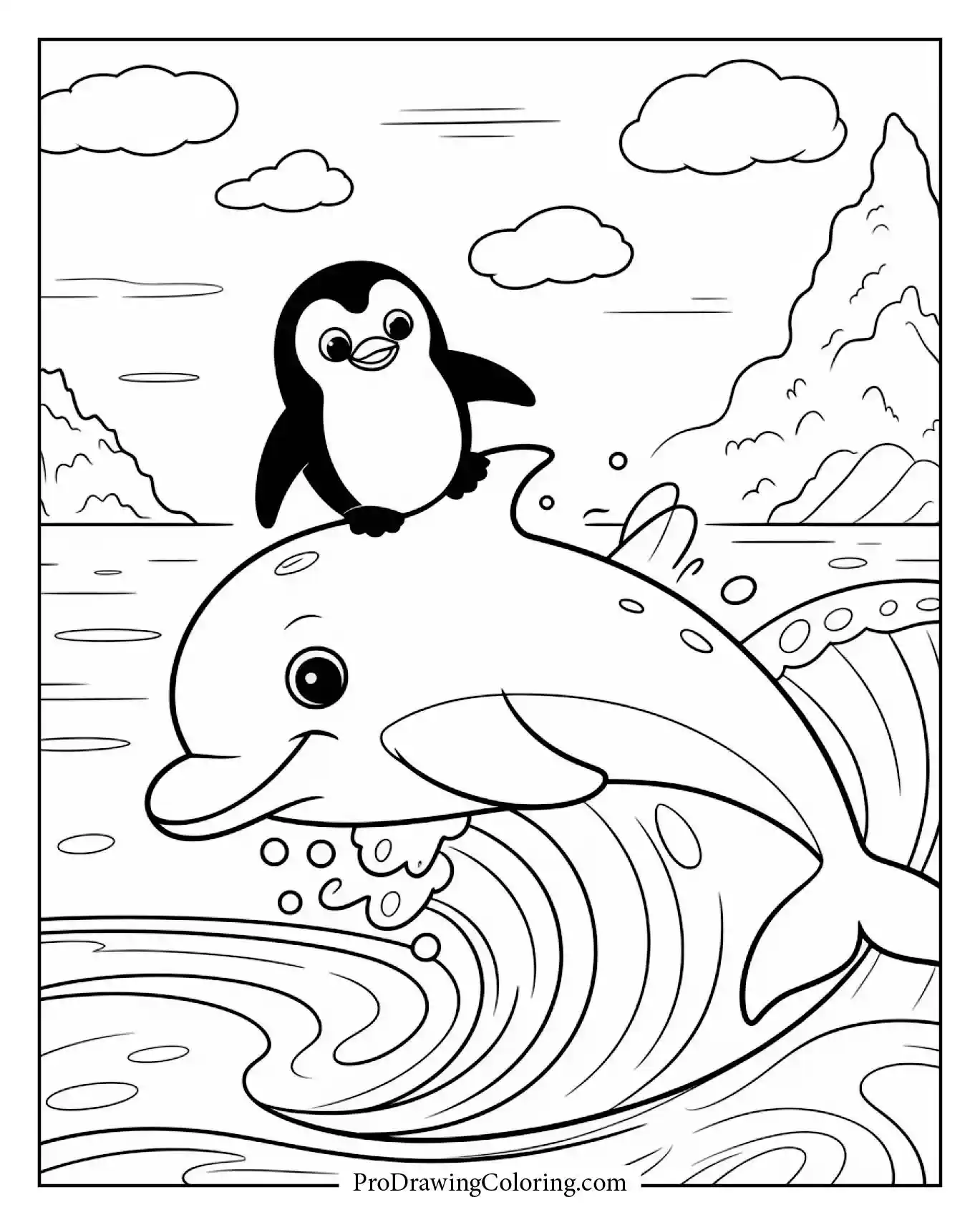 Playful dolphin and penguin riding ocean wave together, cute dolphin coloring page for kids.