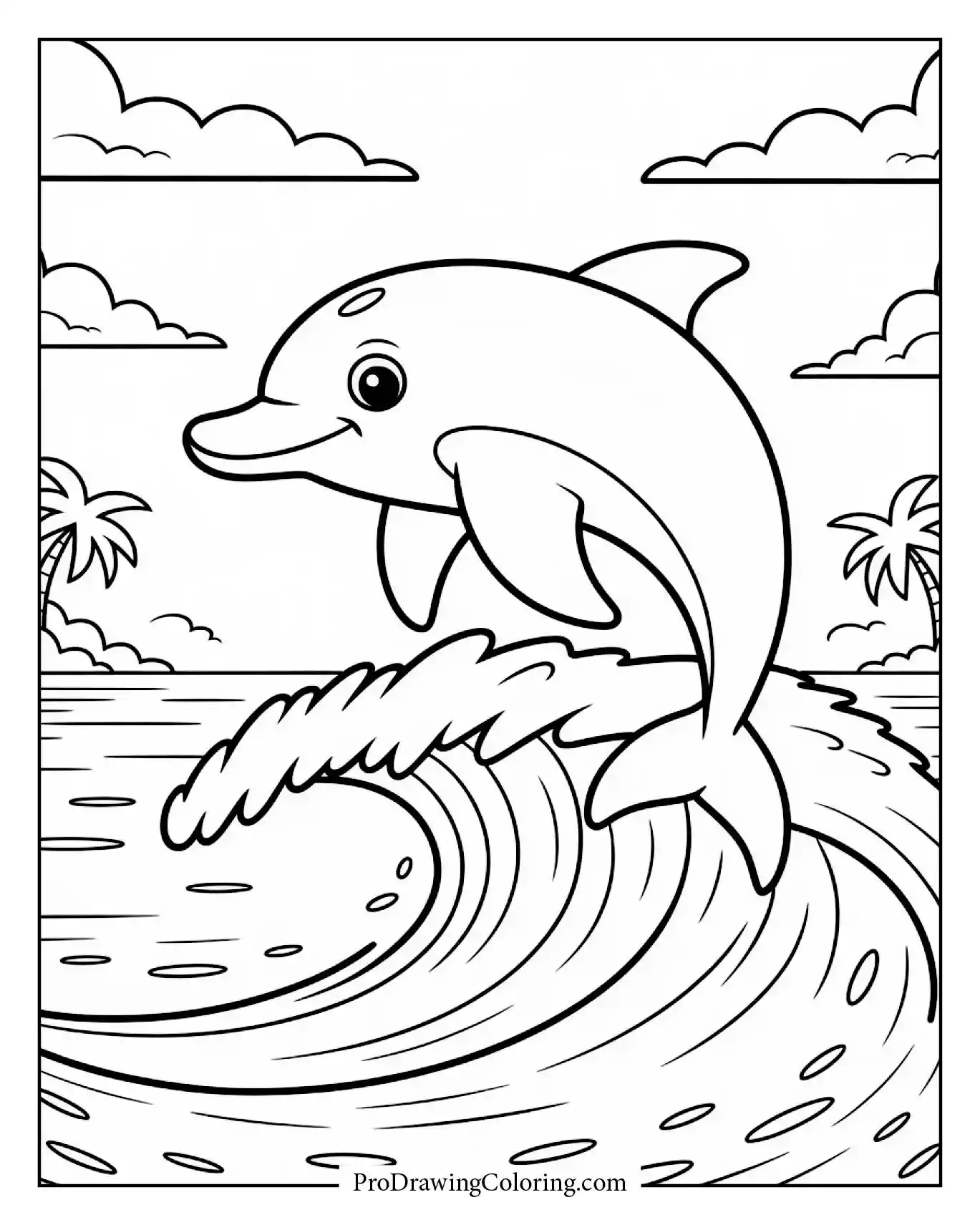 Energetic dolphin surfing on big wave, fun printable dolphin coloring sheet for kids.
