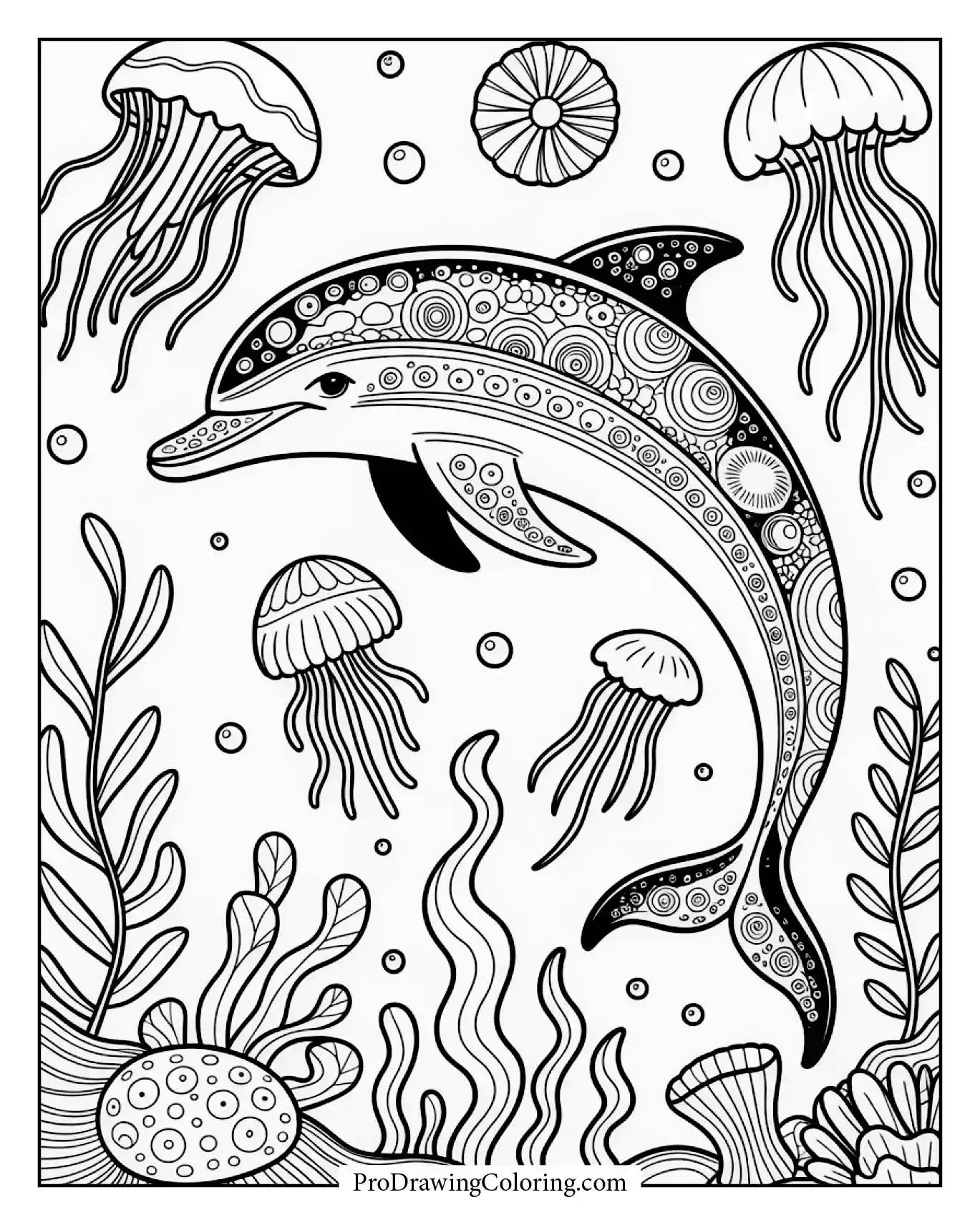 Artistic dolphin surrounded by jellyfish and corals, relaxing printable dolphin coloring sheet.