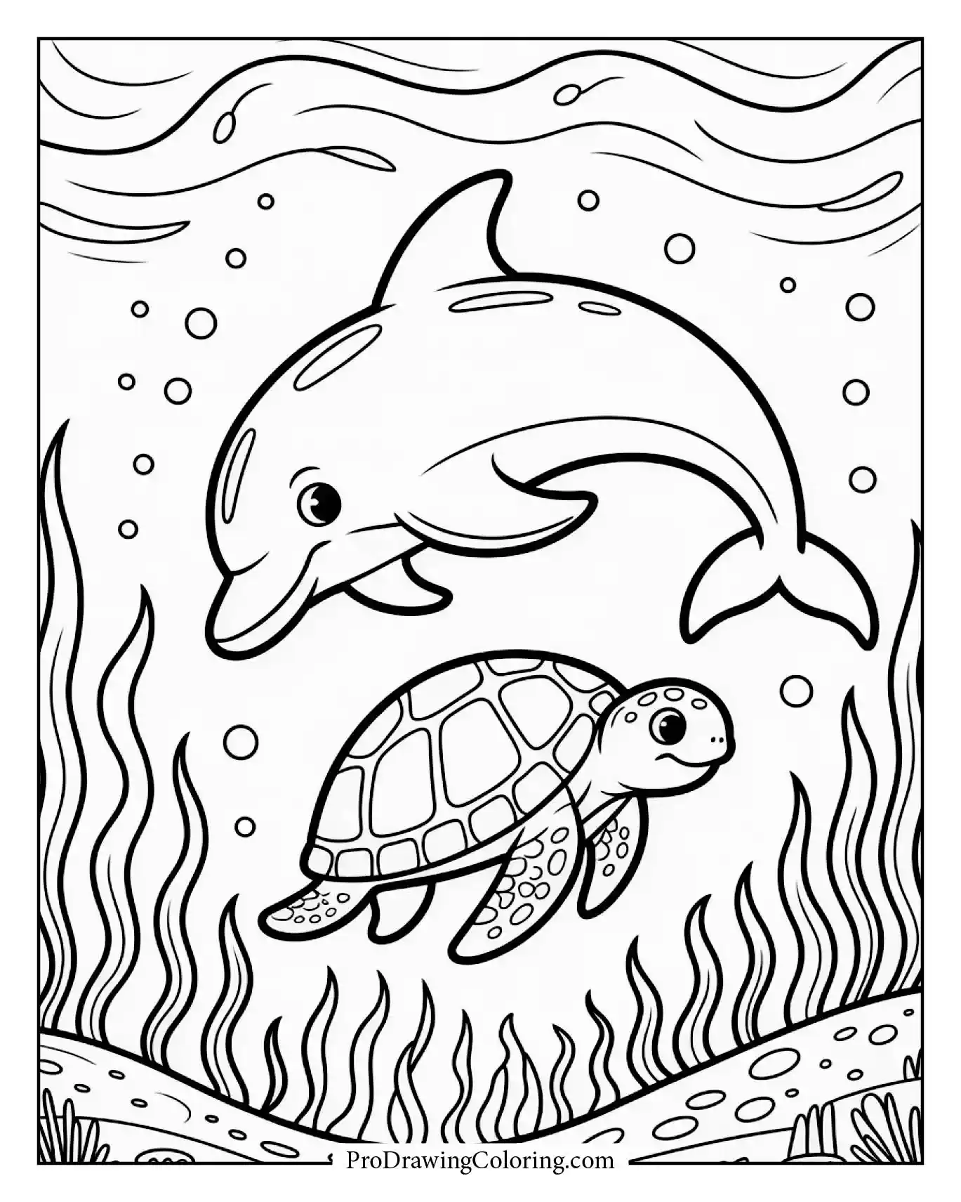 Dolphin and turtle swimming together with seaweed and bubbles