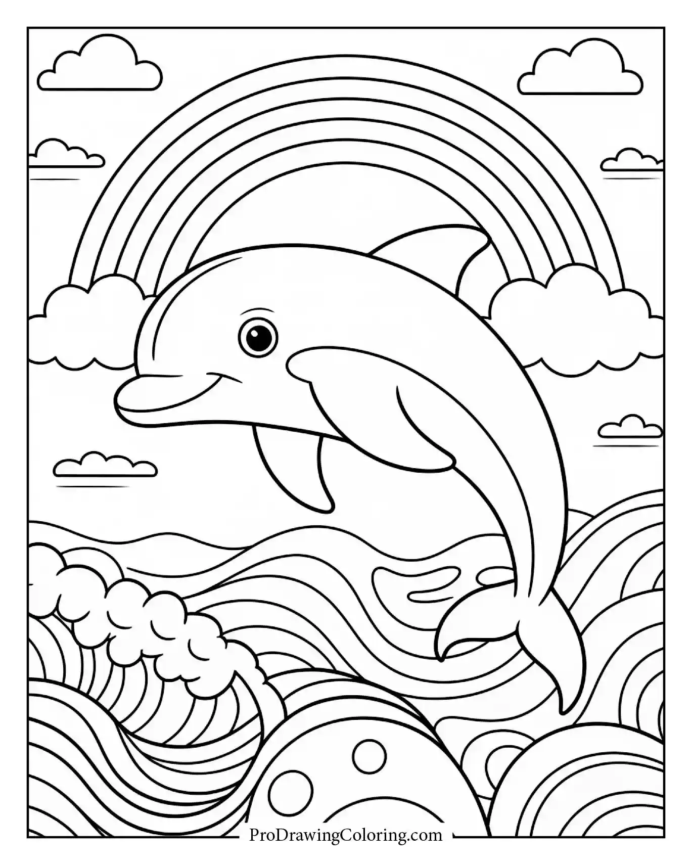 Happy dolphin jumping under colorful rainbow, joyful coloring page for kids.