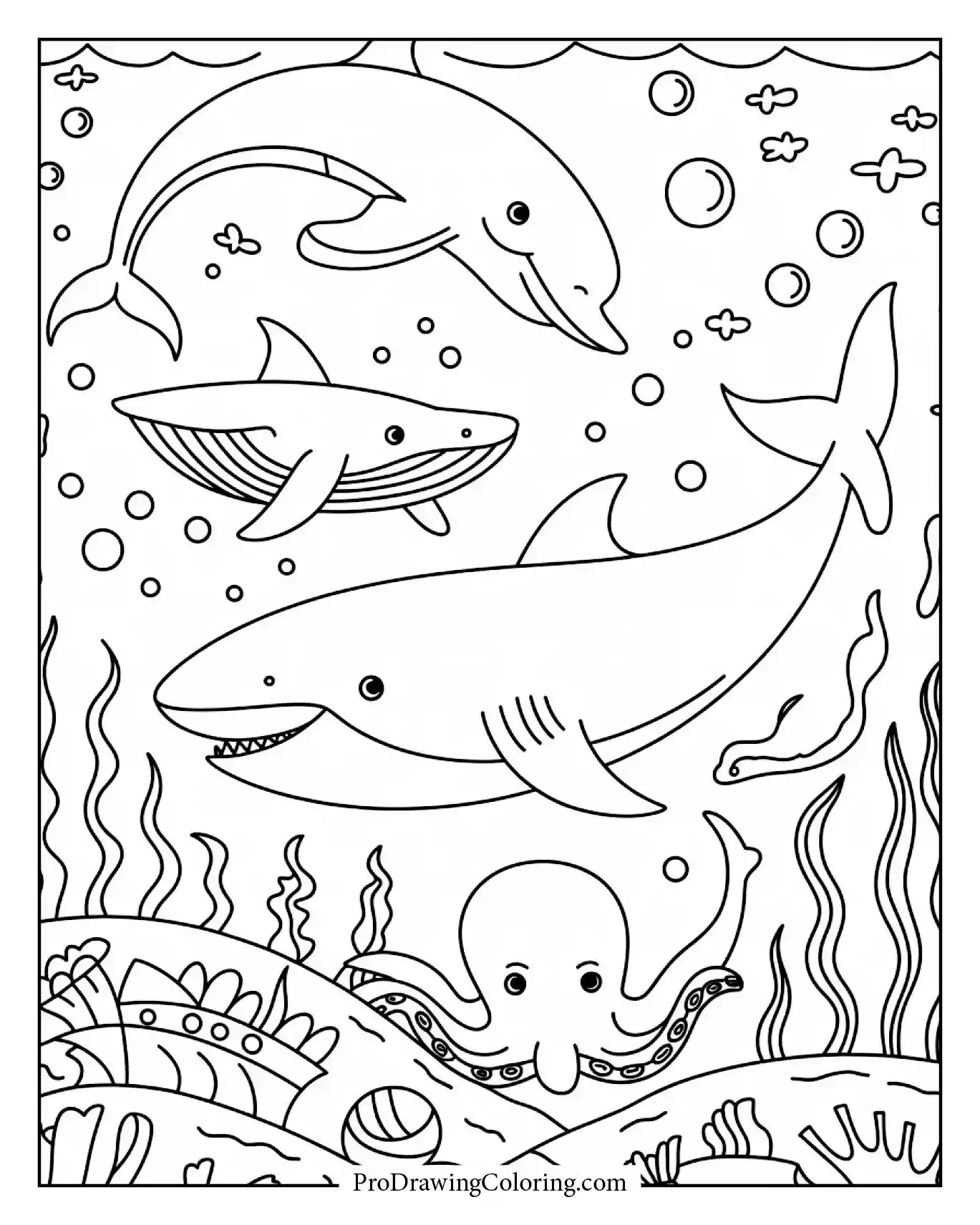 Cartoon dolphin, whale, shark, and octopus together in an ocean scene