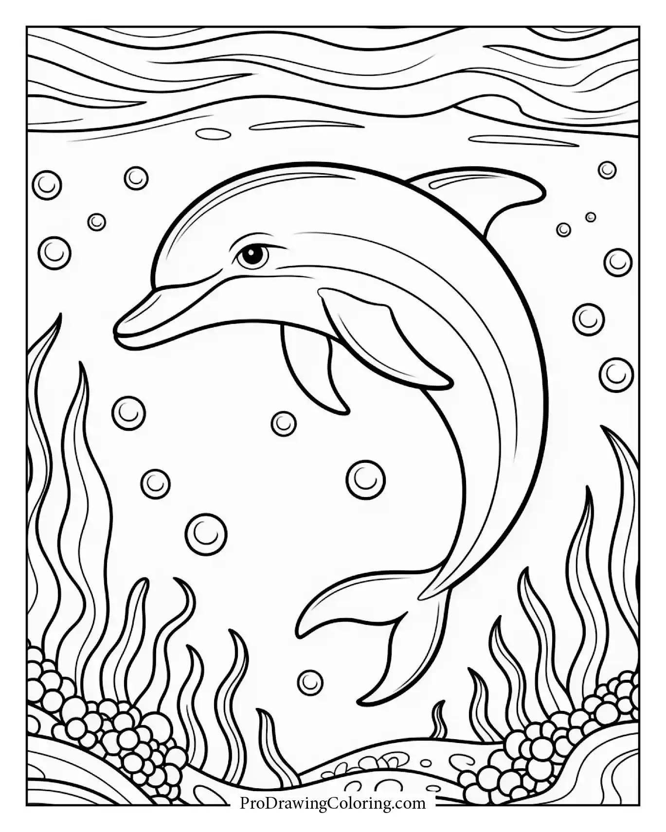 Graceful dolphin with glowing pearls, relaxing printable dolphin coloring page for adults.