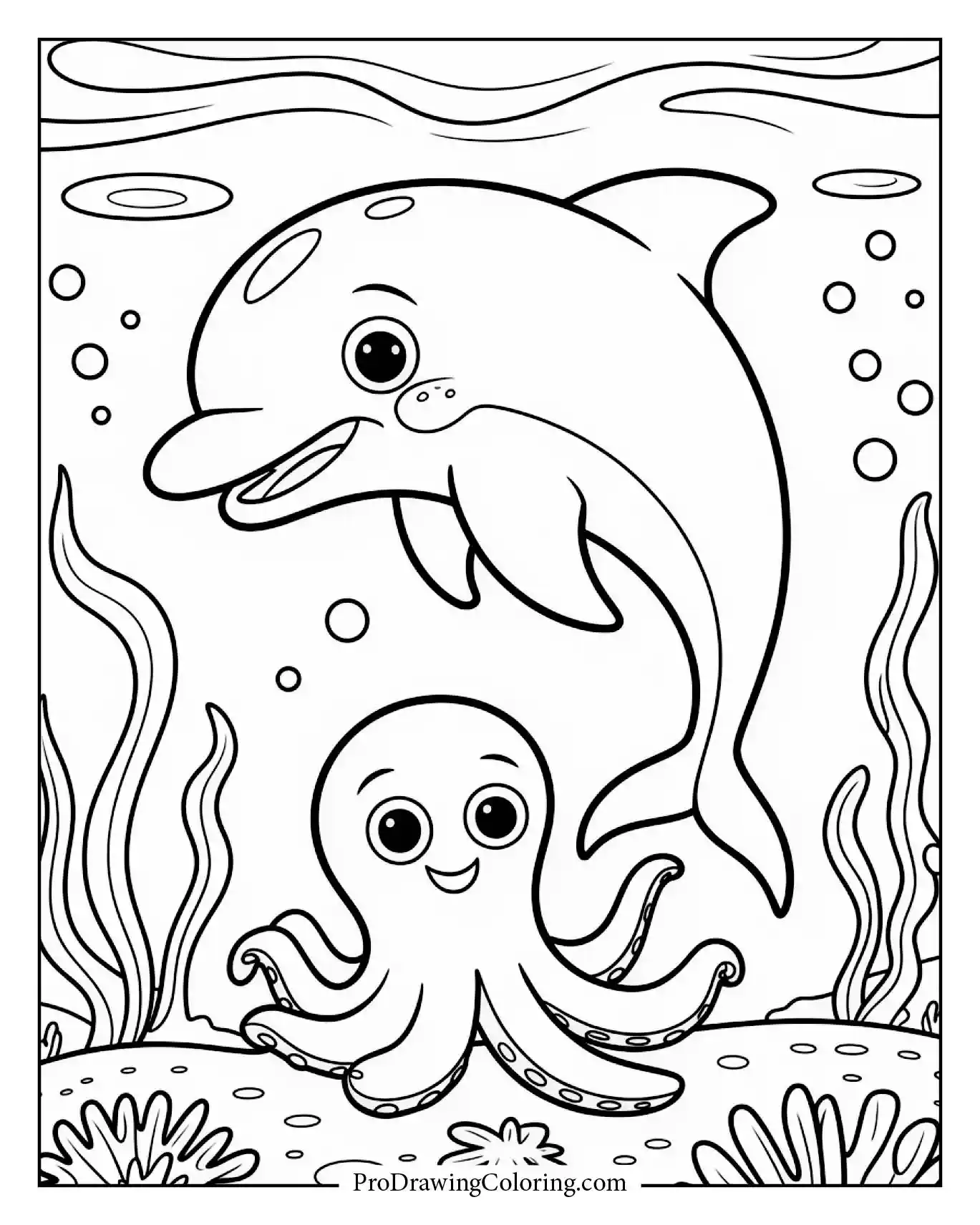 Happy dolphin with octopus friend under coral reef, fun printable coloring page.