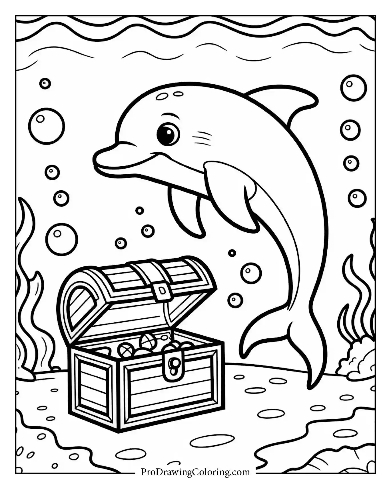 Curious dolphin exploring treasure chest on sea floor