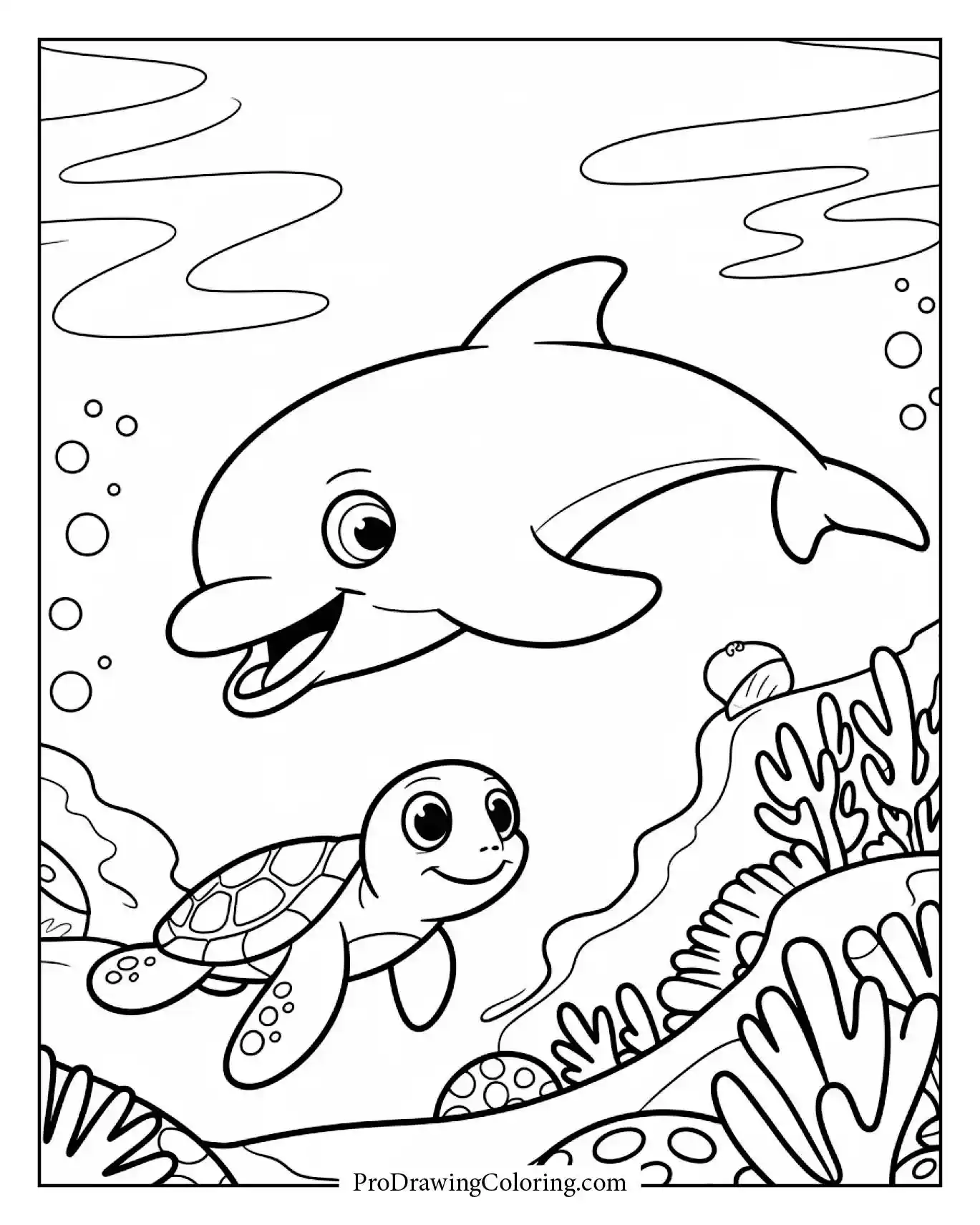 Friendly dolphin swimming alongside turtle among corals