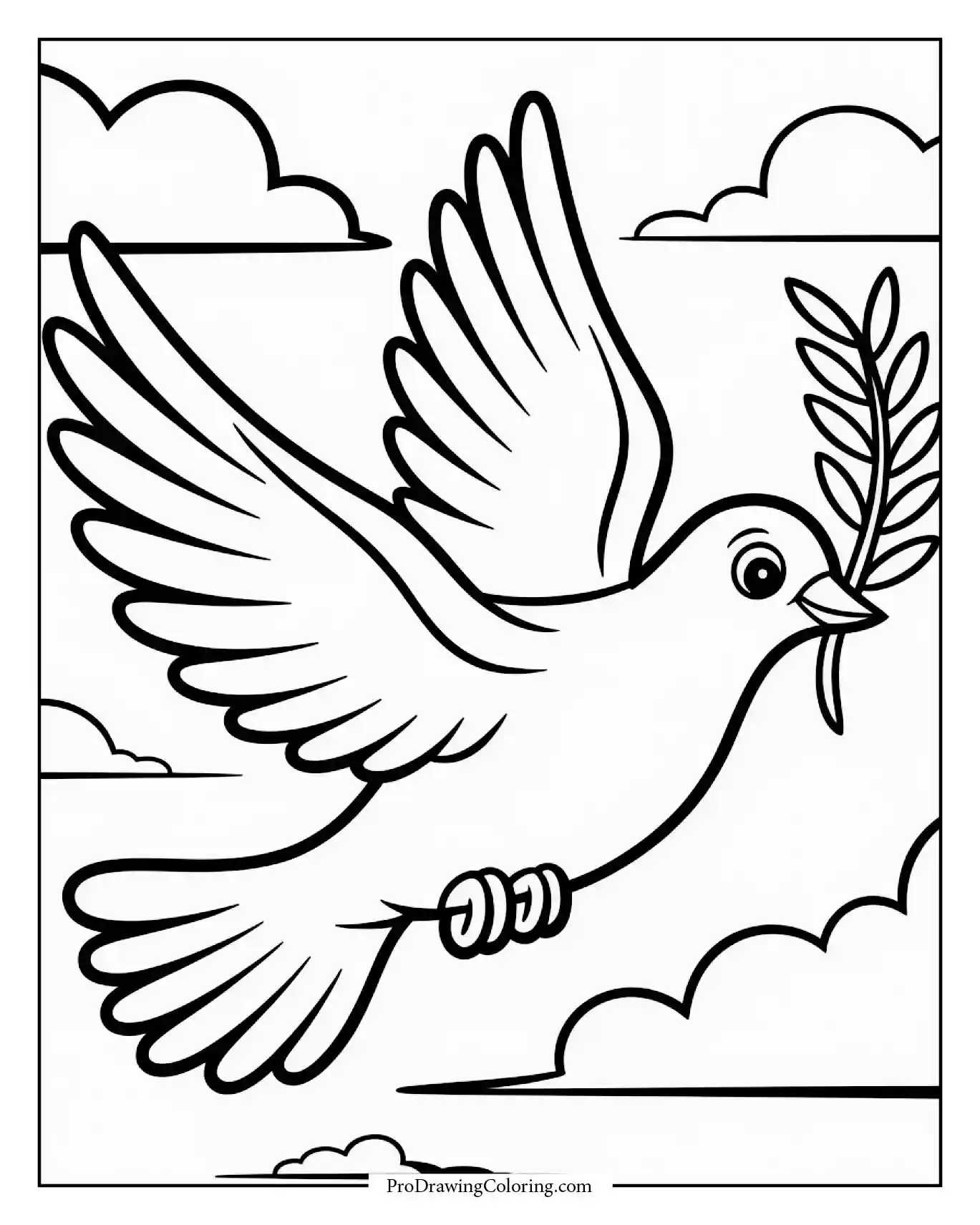 Peaceful dove carrying olive branch across blue sky