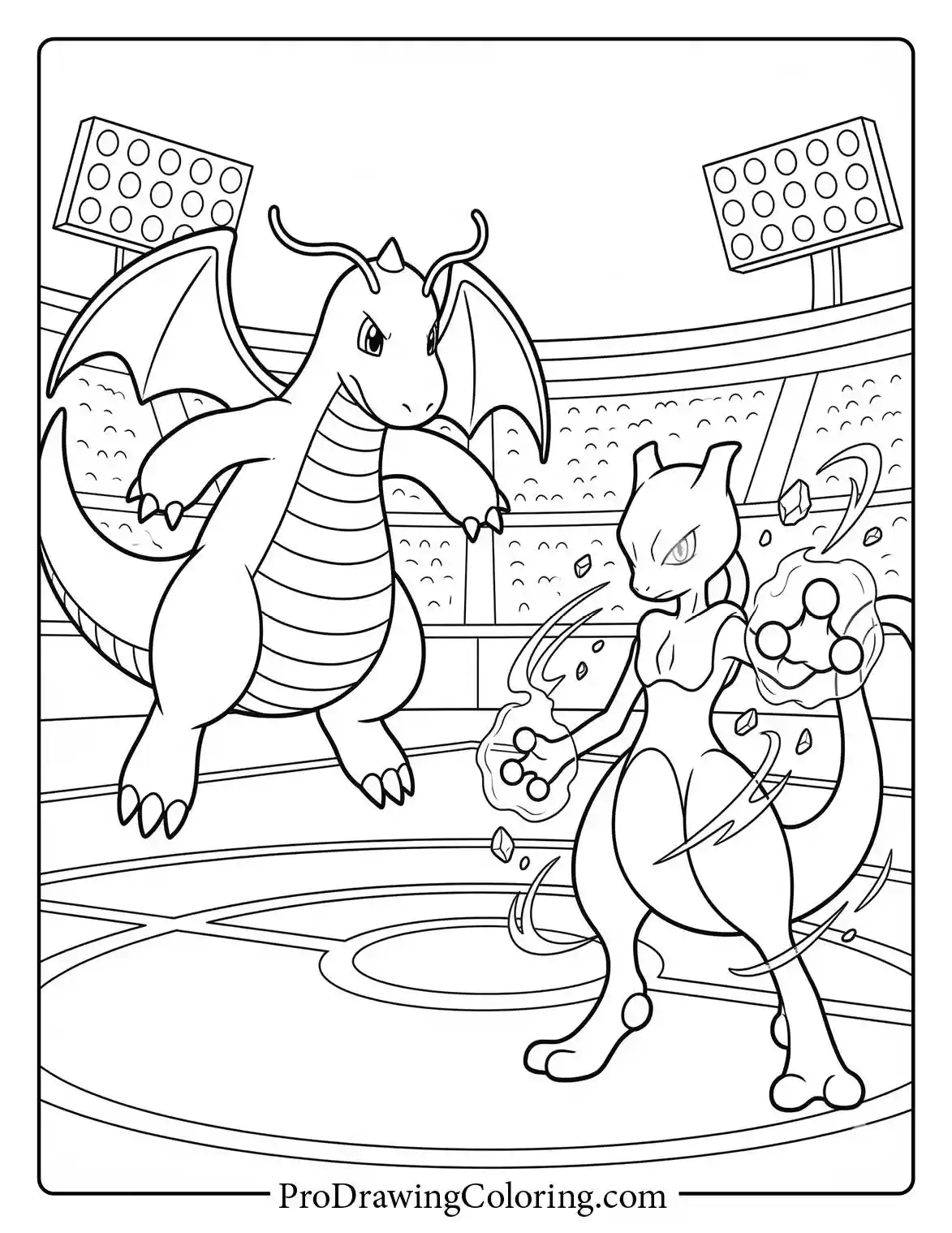Coloring page showing Dragonite flying over a large stadium battle court, preparing to face off against the powerful legendary psychic Pokemon, Mewtwo.