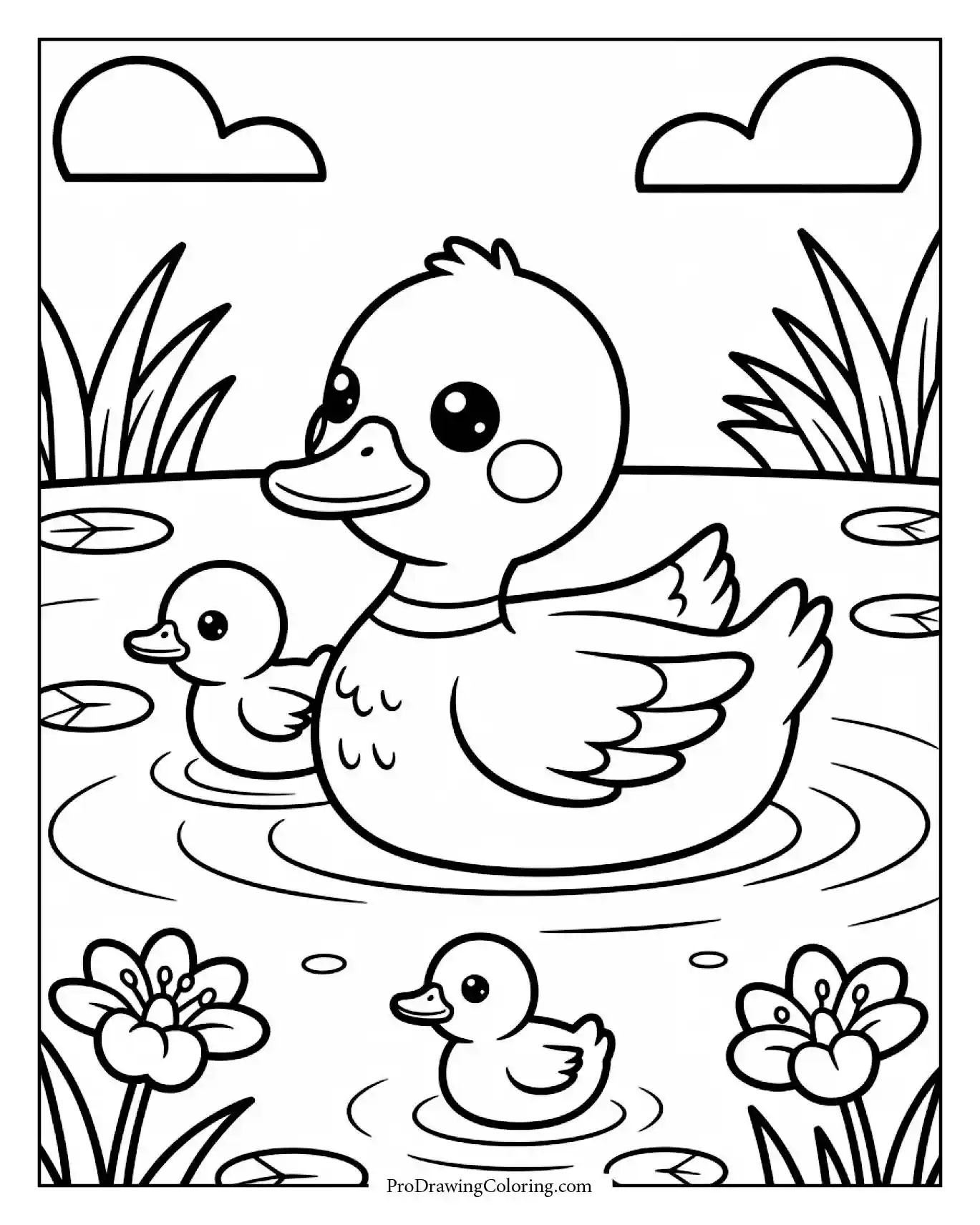 Happy duck swimming with ducklings near pond, printable coloring sheet for kids