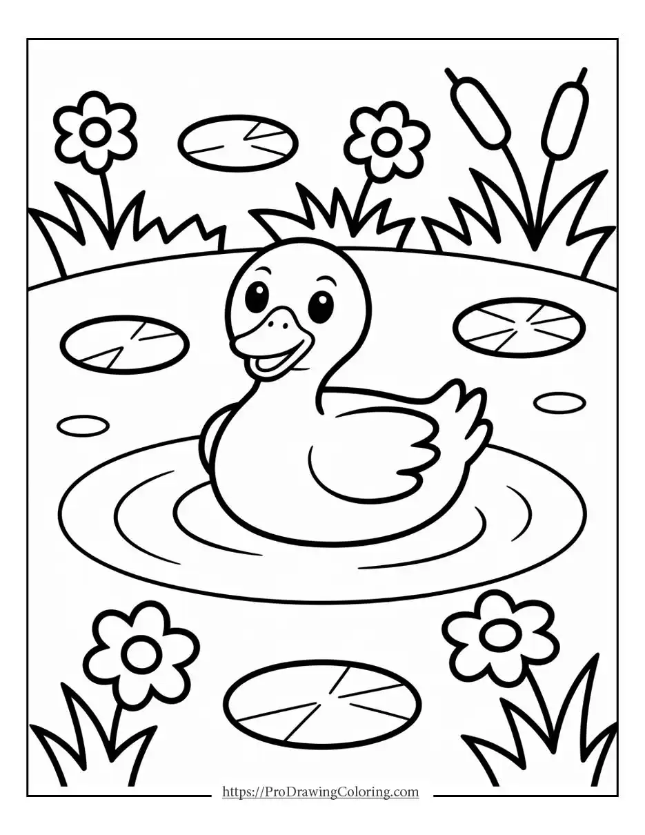 cute duck floating on a pond surrounded by flowers, grass, and lily pads during springtime