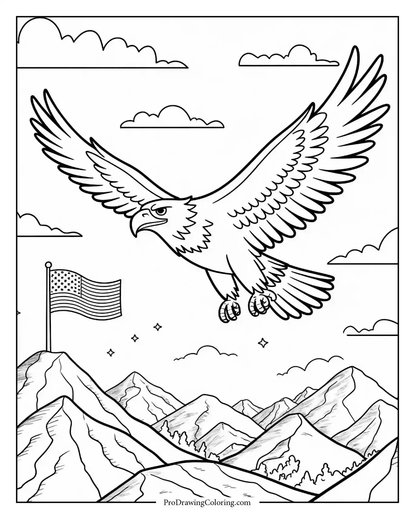 Strong eagle flying high over mountains with flag, printable bird coloring page
