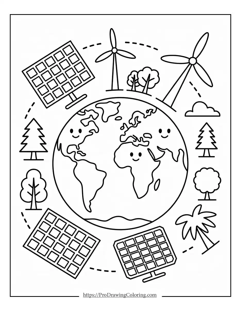 Earth day 2026 coloring page with cute animals gathered around the planet