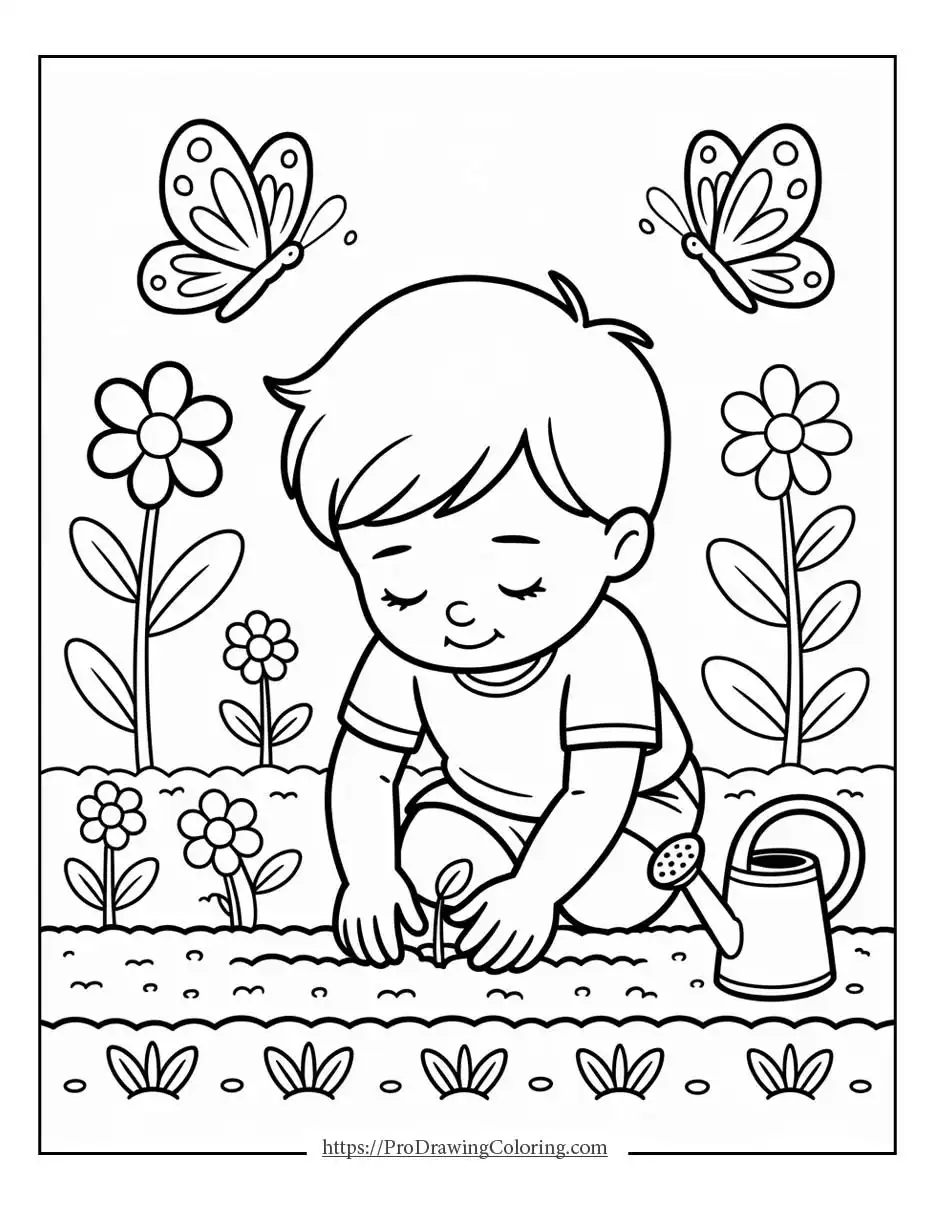 Young child planting a small seedling in the garden to celebrate Earth Day