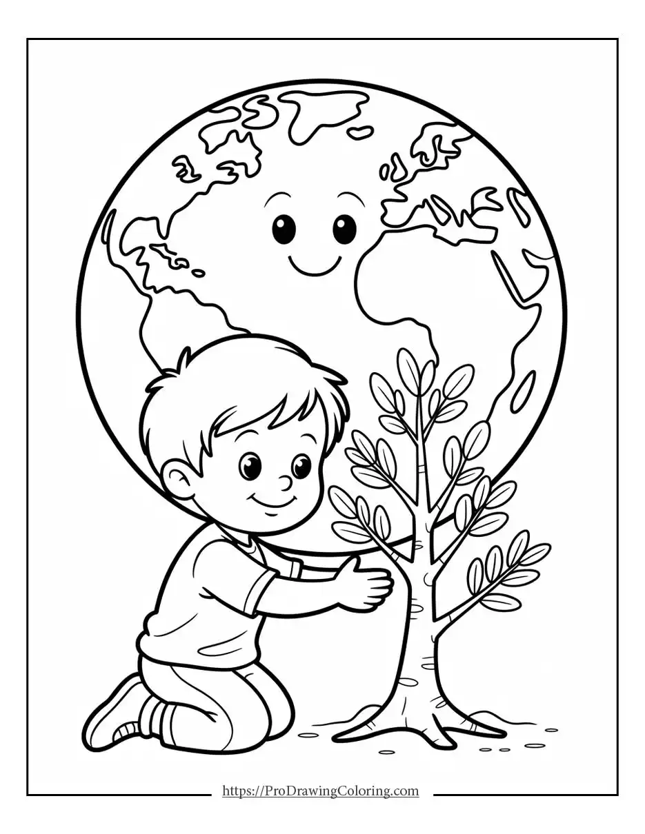 Earth Day coloring pages of a child hugging the planet and a growing tree
