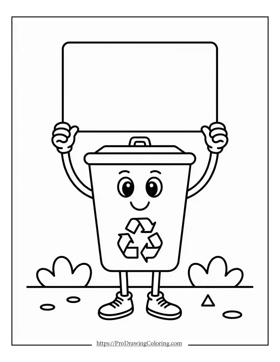 Earth Day coloring pages with a cute recycling bin holding a blank sign