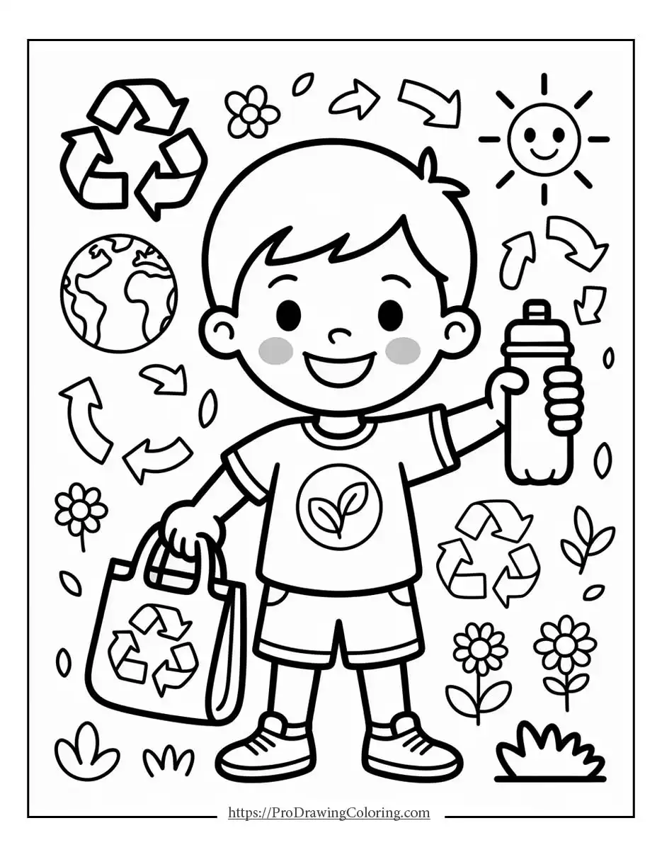 Earth Day coloring pages showing a smiling boy recycling a plastic bottle
