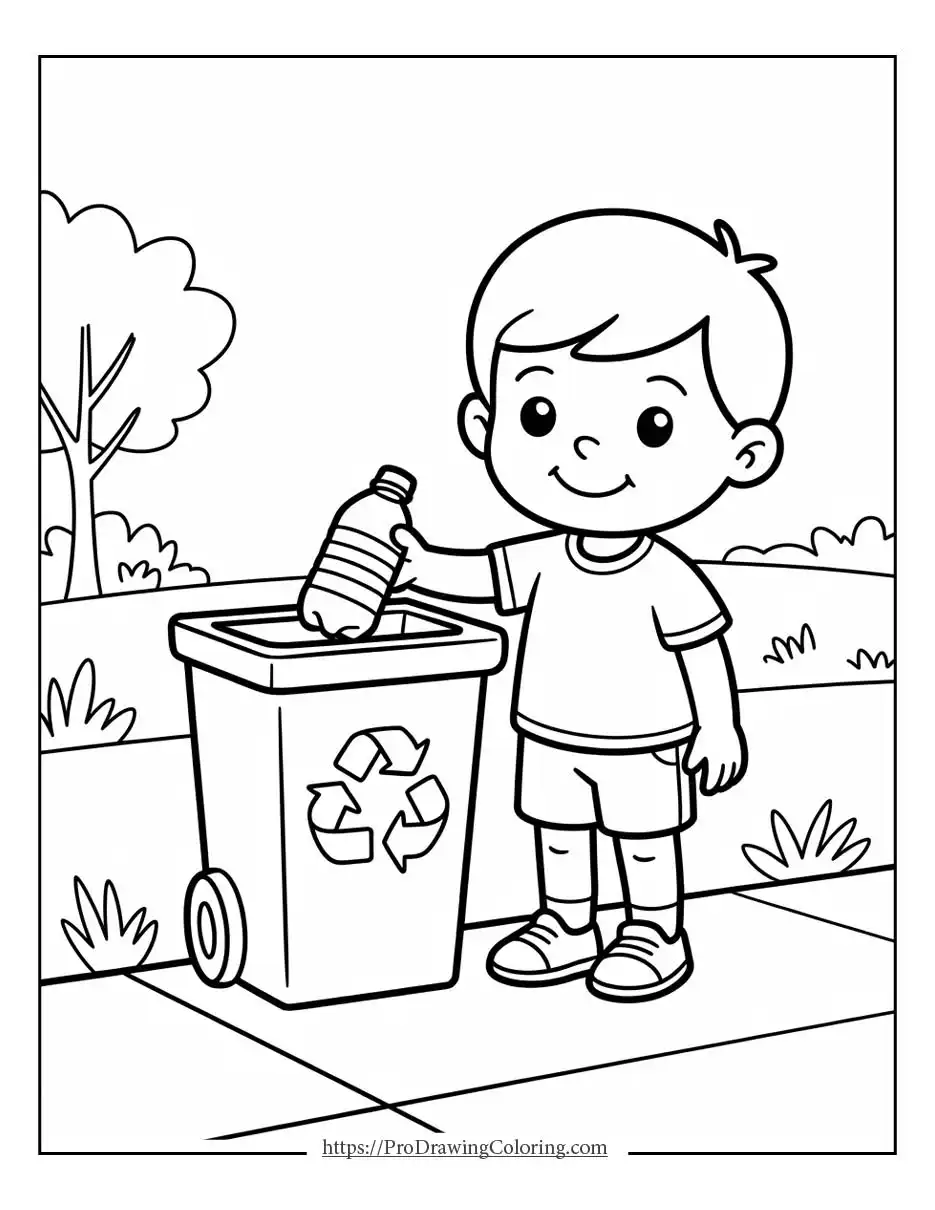 Earth day coloring pages for kids showing children collecting trash in a park