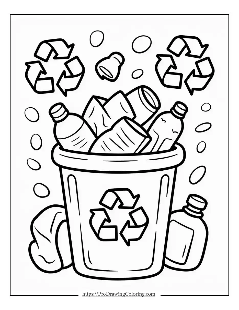 Earth day coloring pages for preschoolers featuring a simple recycling bin and bottles