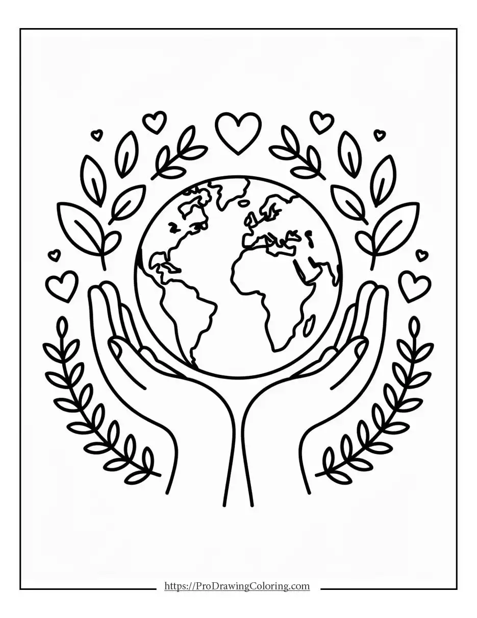 Earth Day coloring pages with hands protecting the Earth surrounded by leaves and hearts