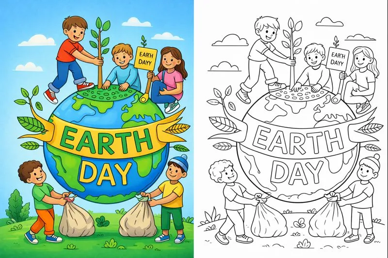 Earth day coloring pages showing children working together to protect the planet, planting trees and cleaning the environment around the Earth globe with an Earth Day banner, available in color and black-and-white.
