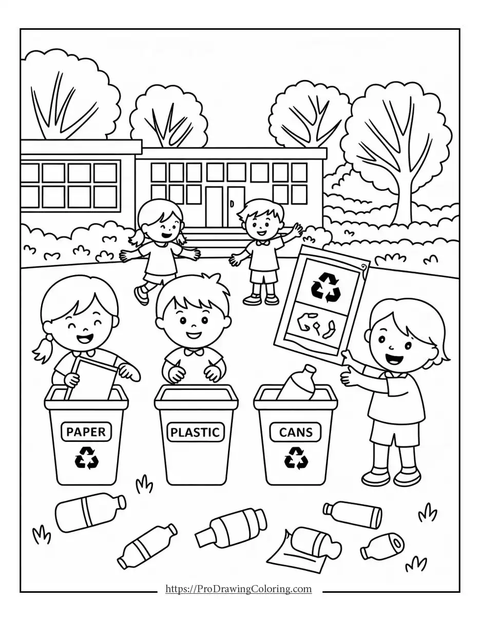 Earth Day coloring pages showing kids recycling paper, plastic and cans at school